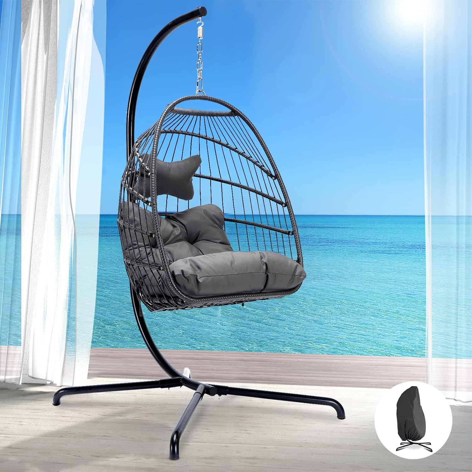 Outdoor Hanging Egg Chair with Stand PE Rattan Wicker Swing Chair with Water Resistant Cushions Hanging Egg Chair Foldable Basket for Indoor Bedroom Patio Garden 350lbs Capacity (Dark Grey)