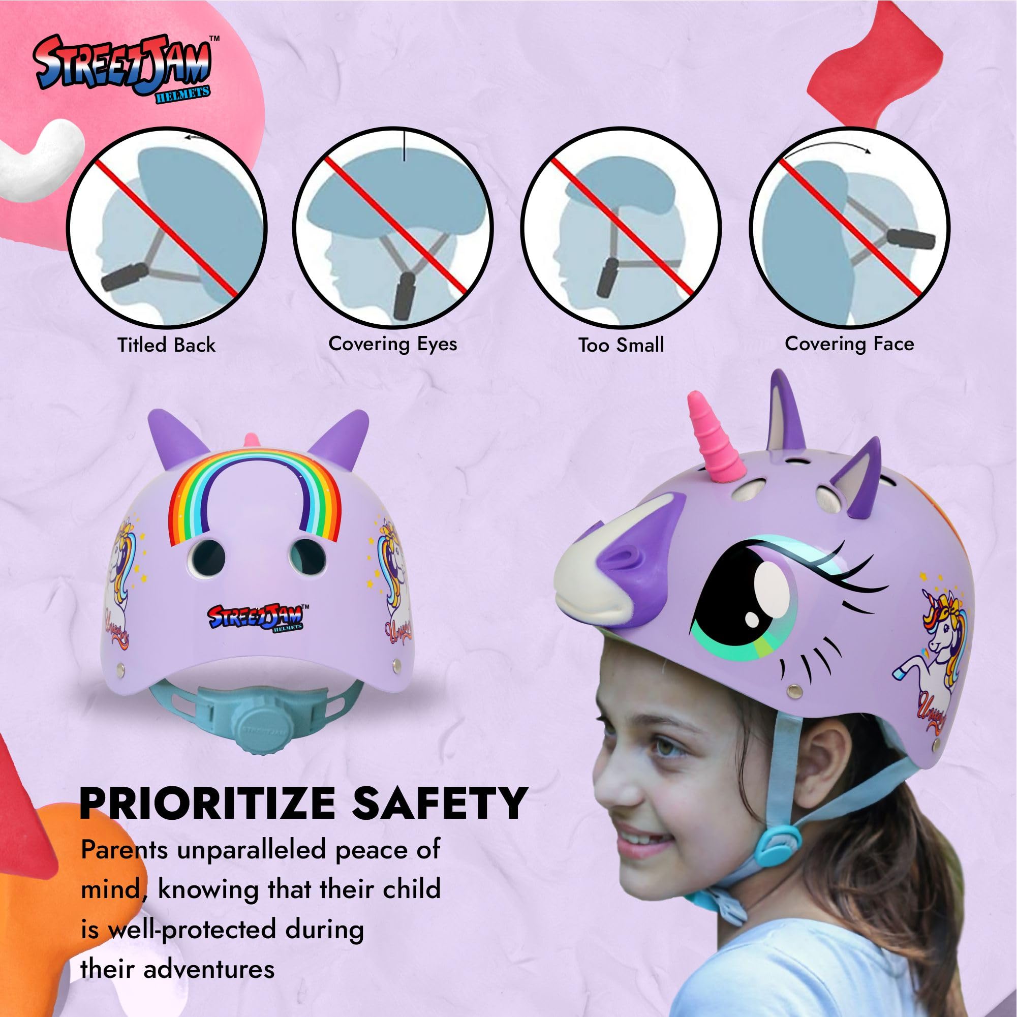 STREETJAM Magic Unicorn Open Face Sports Helmet for Kids, Hard PP Outer Shell, EPS Inner Comfort Linner case, Adjustable Strap & Adjuster Dial, Unisex Helmet for Cycling (5-8 Years, Light Purple) 3
