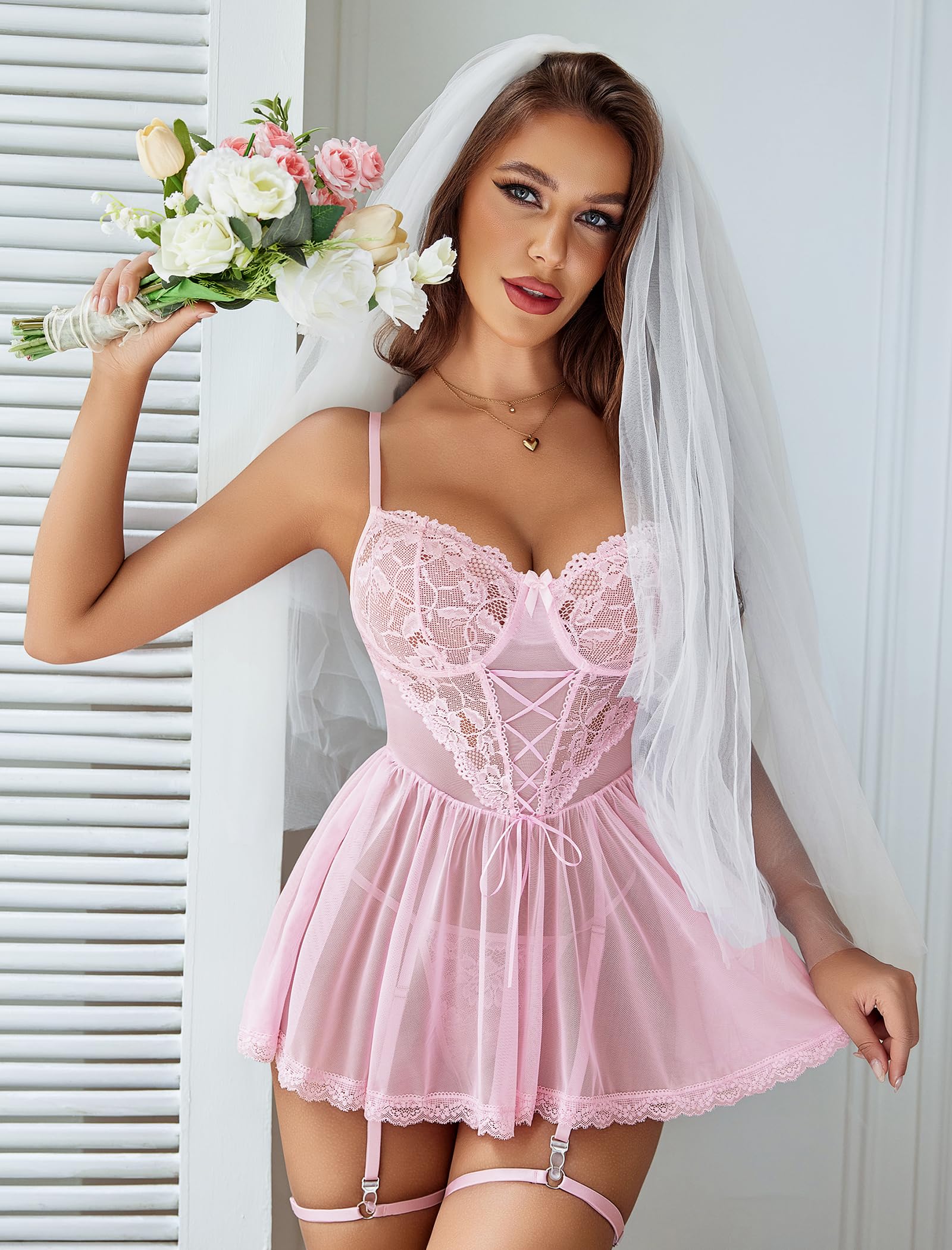 Avidlove Lingerie for Women Sexy Lace Babydoll Mesh Chemise Boudoir Nighty with Garter Belt: Medium Pink