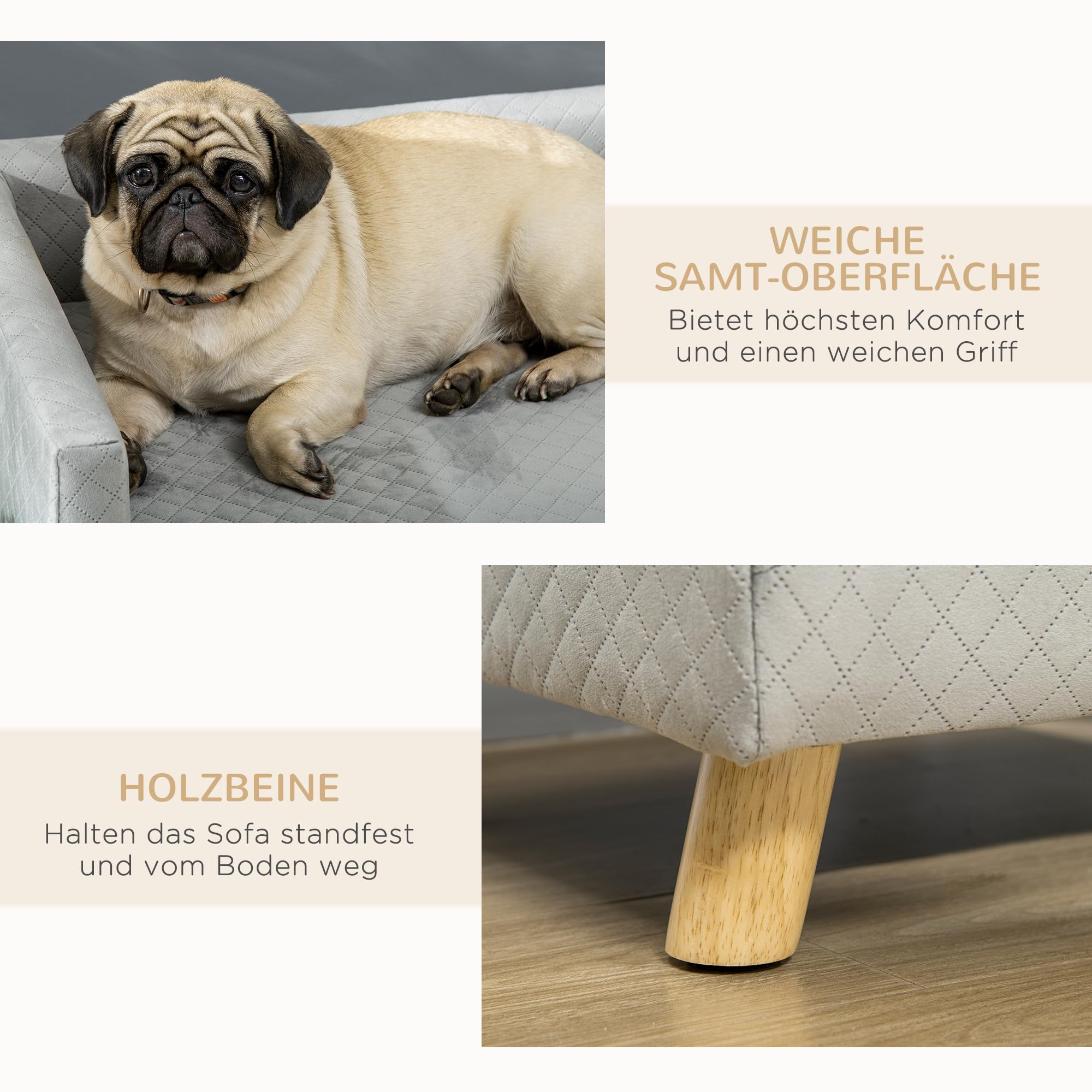 PawHut Hundesofa Hundebett Hundecouch aus Samt mit Rückenlehne, Holzbeine, Kissen, Katzensofa mit weicher Polsterung, für kleine Hunde 64 x 45 x 36 cm Dunkelgrau