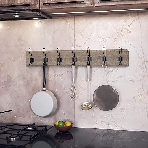 Miniatura 3 de HBCY Creations Estante de almacenamiento montado en la pared de 34 pulgadas, construcción de madera de pino, acabado marrón envejecido, 7 ganchos,