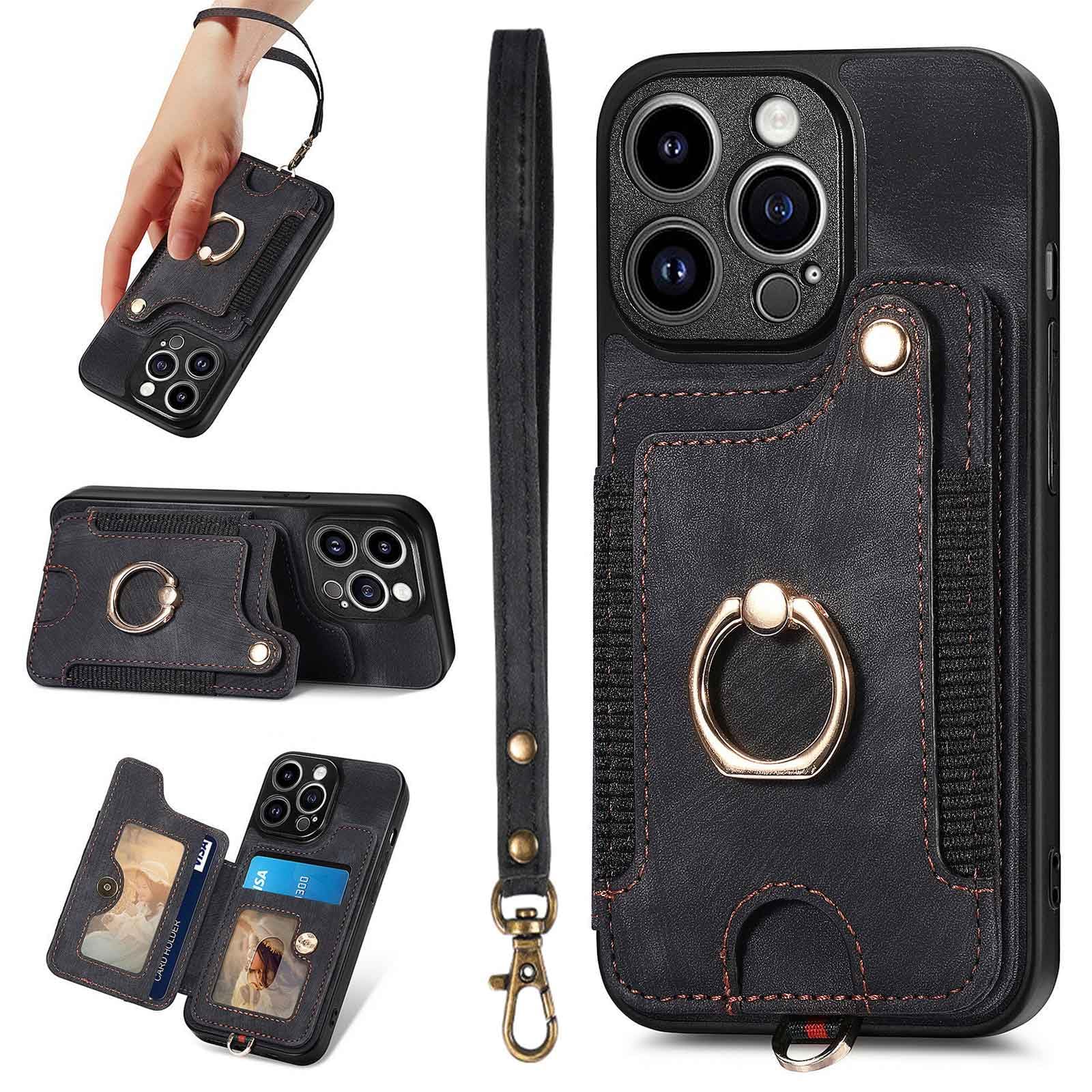 JanCalm for iPhone 13 Pro Case Card Holder Wallet, Ring Stand, RFID Blocking, Wrist Strap, Camera Protector, Leather Magnetic Clasp Protective Cover