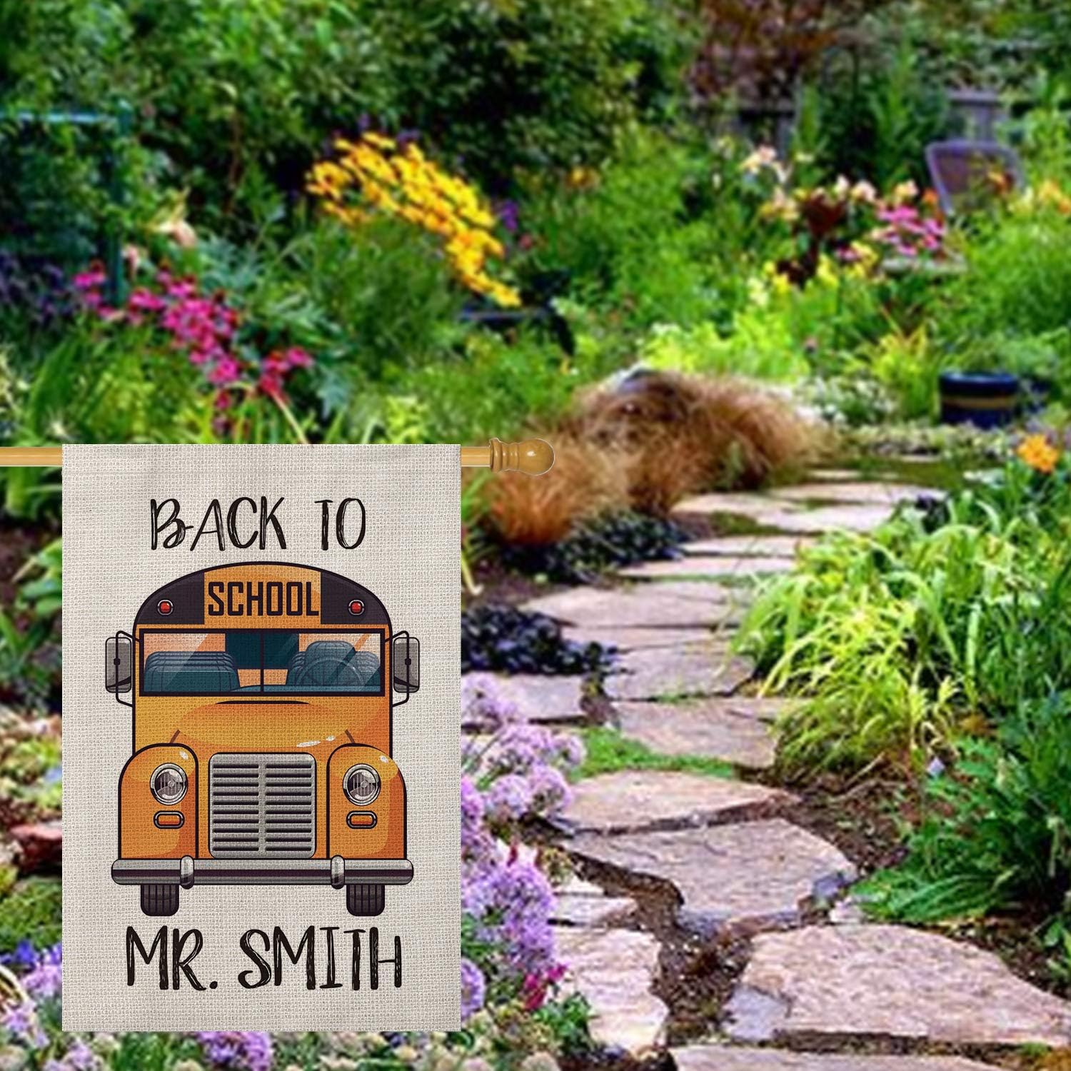 SMILE Personalized Back to School Bus House Flag, The First Day of School Customized Name, Double Sided 28 x 40 Inch Rustic Farmhouse Burlap Yard Outdoor Decoration