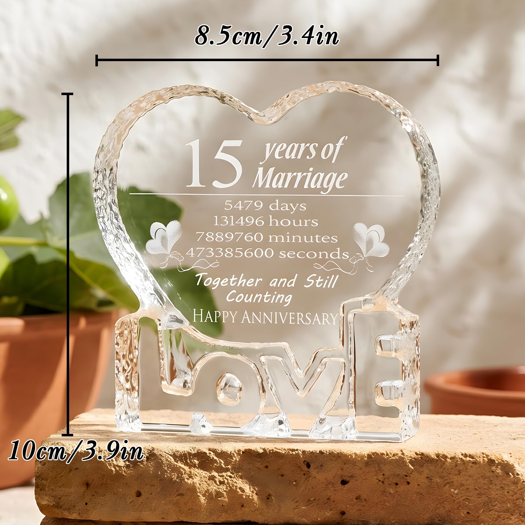 Movdyka 15 aniversario de boda, regalo de cristal para ella, esposa, él, pareja, 15 años de matrimonio, cristal, amor, corazón, pisapapeles