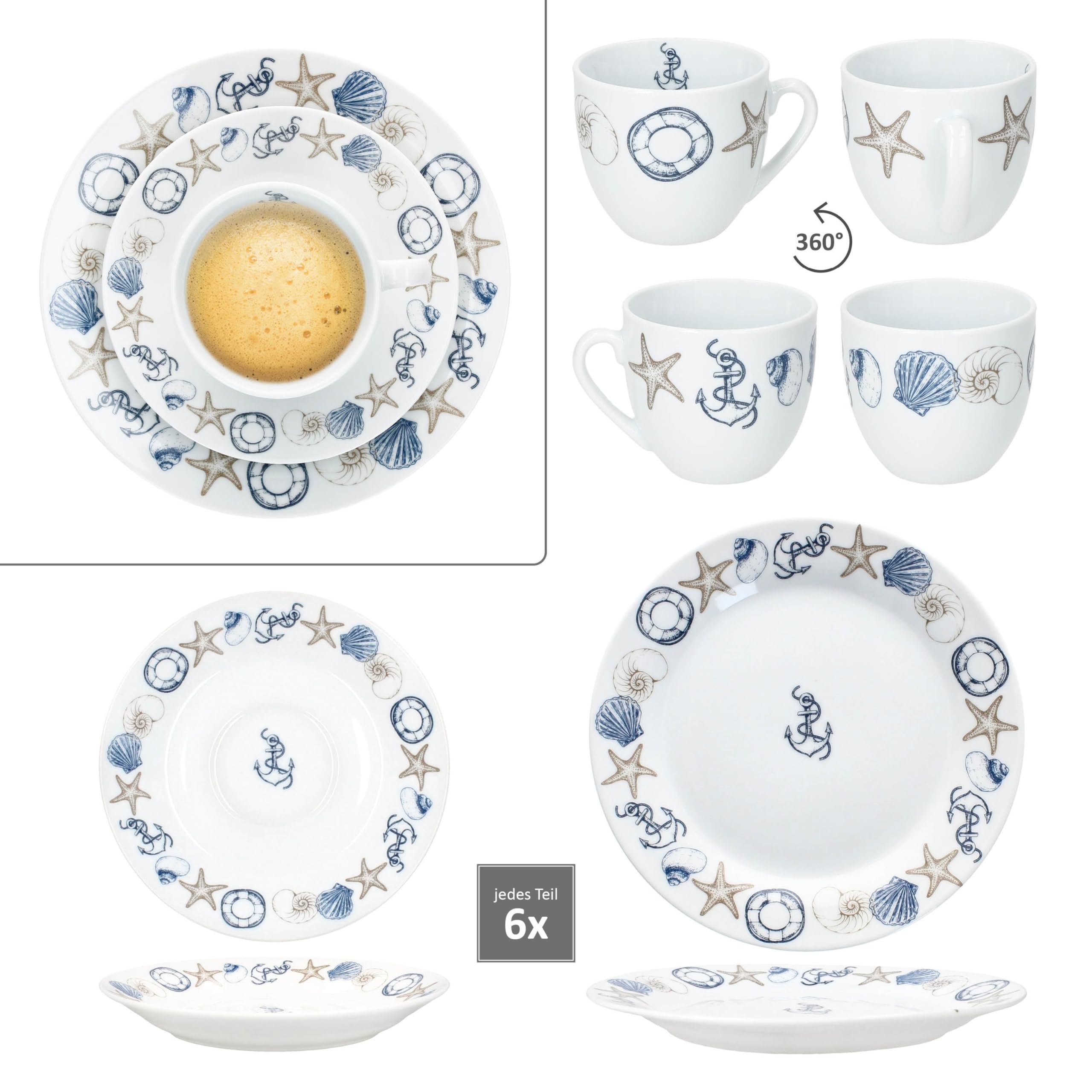 MamboCat Neptun Service à café 18 pièces I Vaisselle en porcelaine avec motifs maritimes Ancre, Coquillage & Co pour 6 personnes I 6 tasses de 200 ml, soucoupes et assiettes pour petit déjeuner et