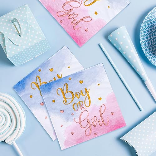 Miniatura 7 de AnyDesign - 80 servilletas de papel desechables para revelación de género para niños o niñas, servilletas decorativas de acuarela azul y rosa para