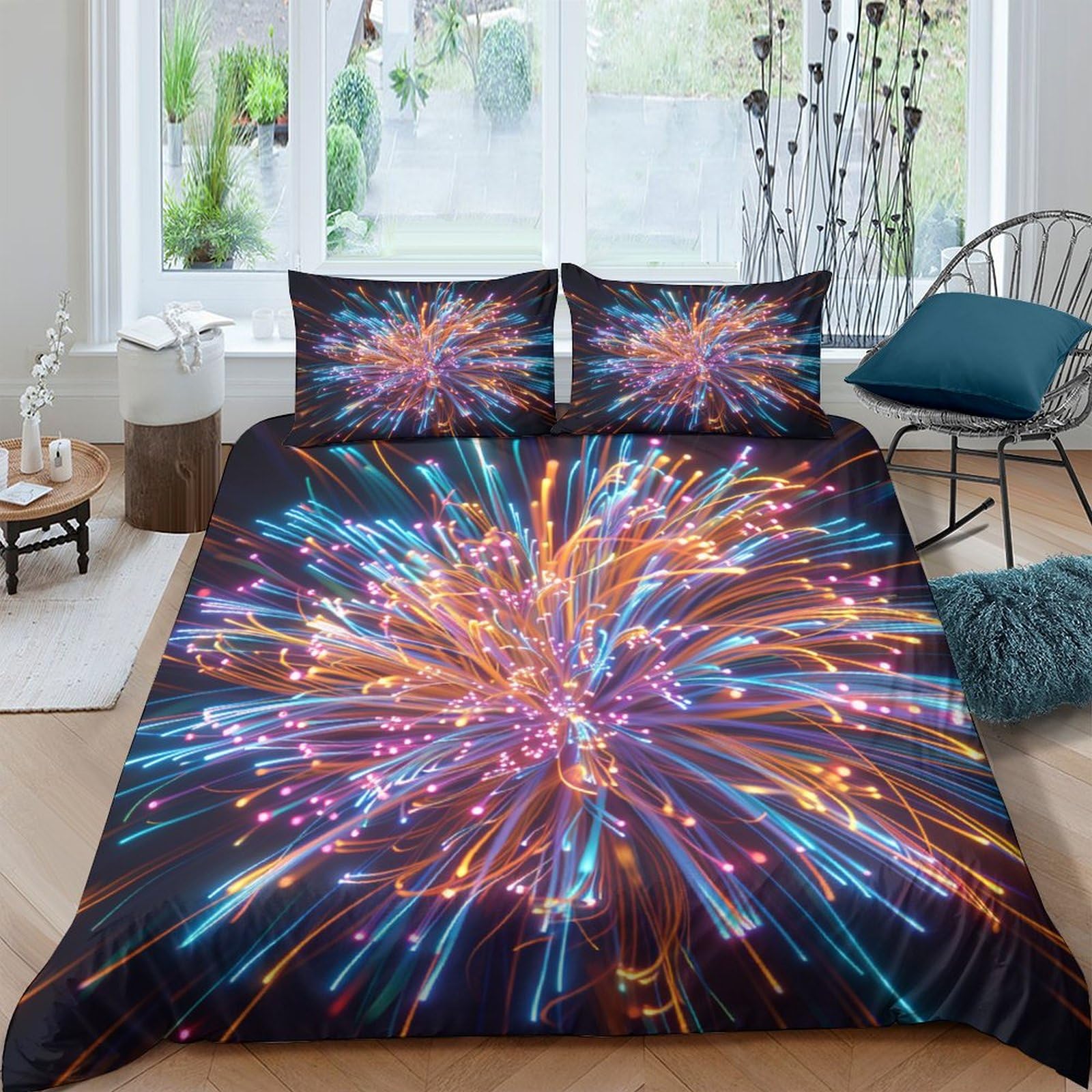 Literie feux d'artifice 3D anti-transpiration en microfibre douce pour un sommeil serein