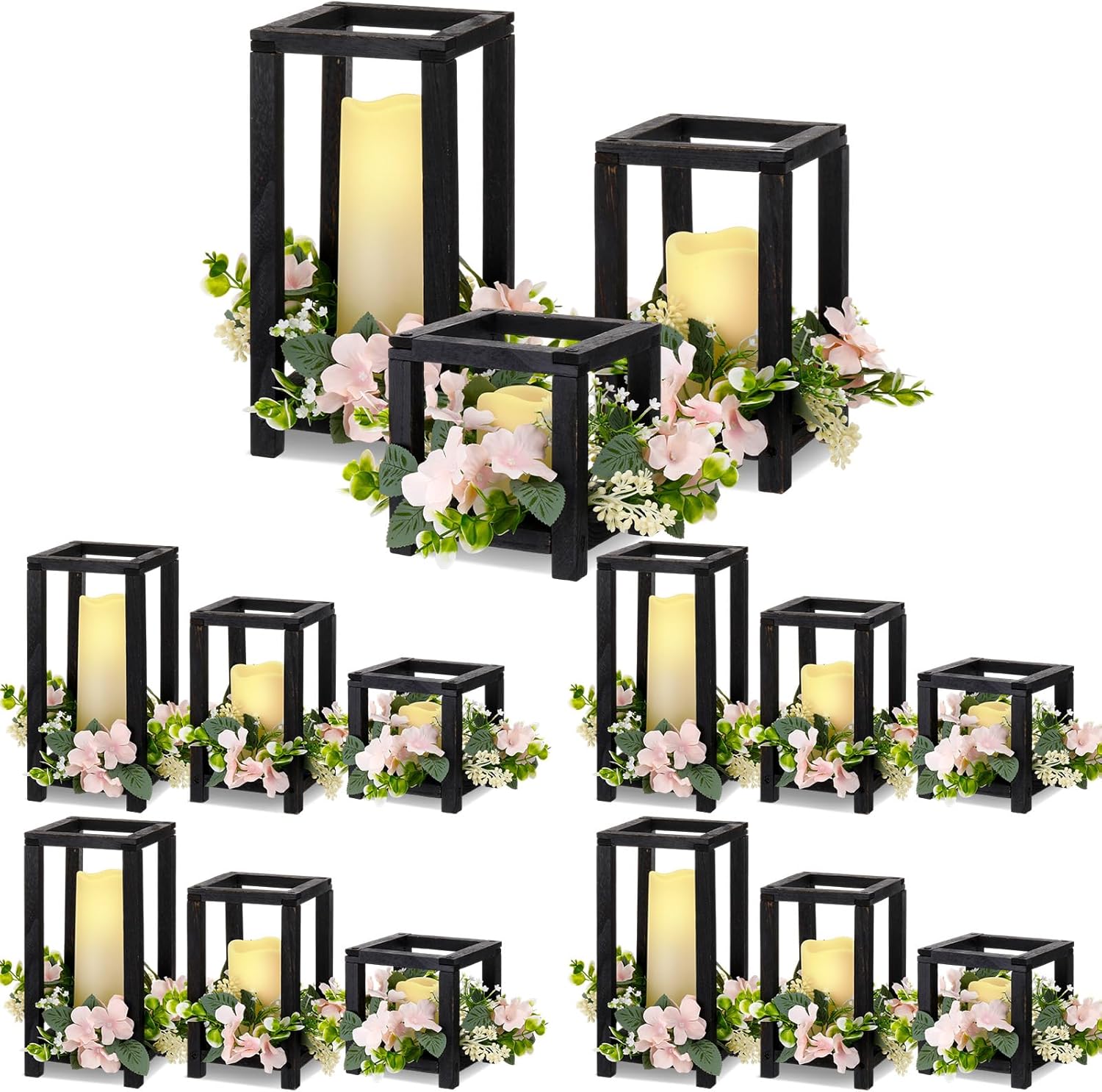 Hushee 15 Set 45 Pcs Wooden Wedding Lantern Centerpiece Wooden Candle Lantern Set Rustic Holder for Wedding Table Decoration Farmhouse for Christmas Party (Black)