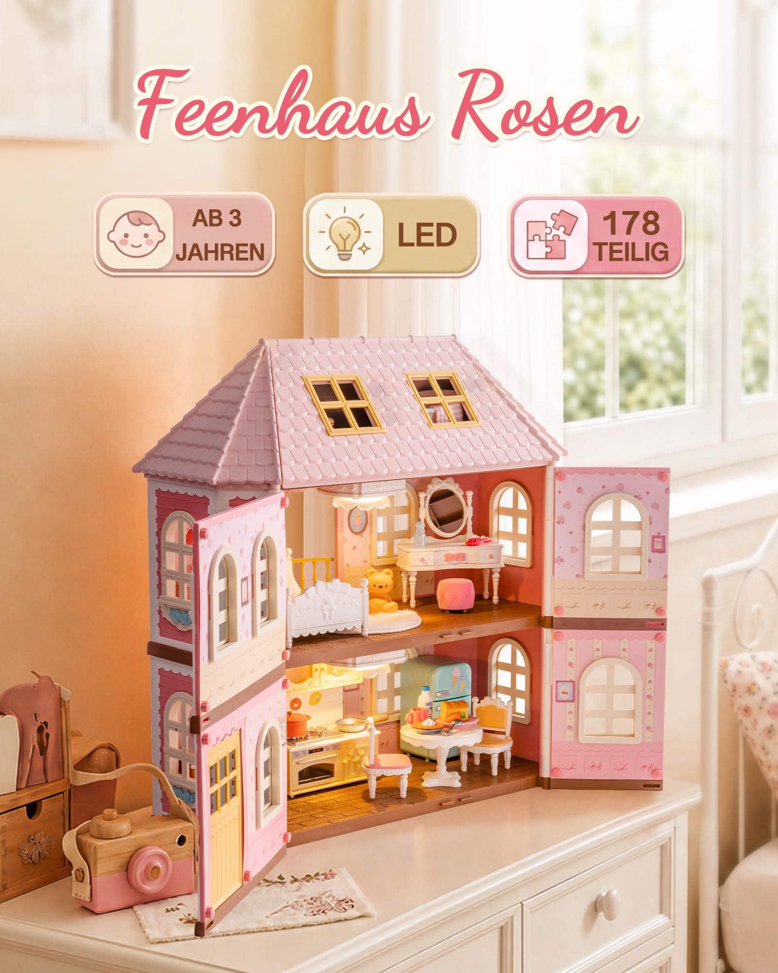 Rolife Haley Island Fairy Rose Cottage Puppenhaus mit Möbeln, Romantisches Fantasiespiel Haus mit Lichtern für Mädchen & Sammlerinnen, Geburtstag Geschenk ab 3 Jahren