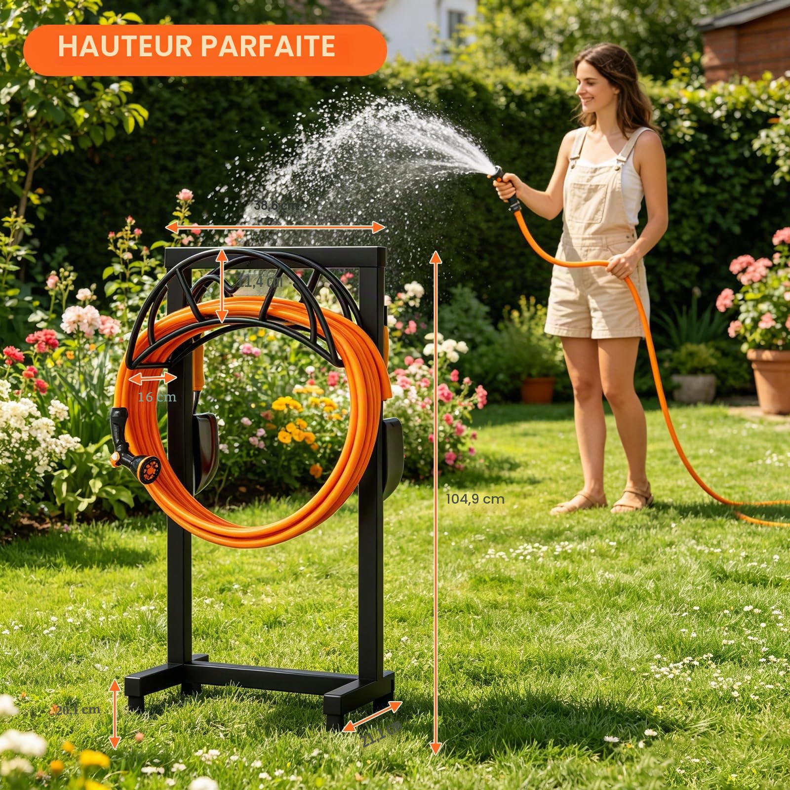 VyGrow Support de tuyau autoportant robuste pour l'extérieur, en métal amélioré avec 4 piquets, porte-enrouleur de arrosage amovible, noir