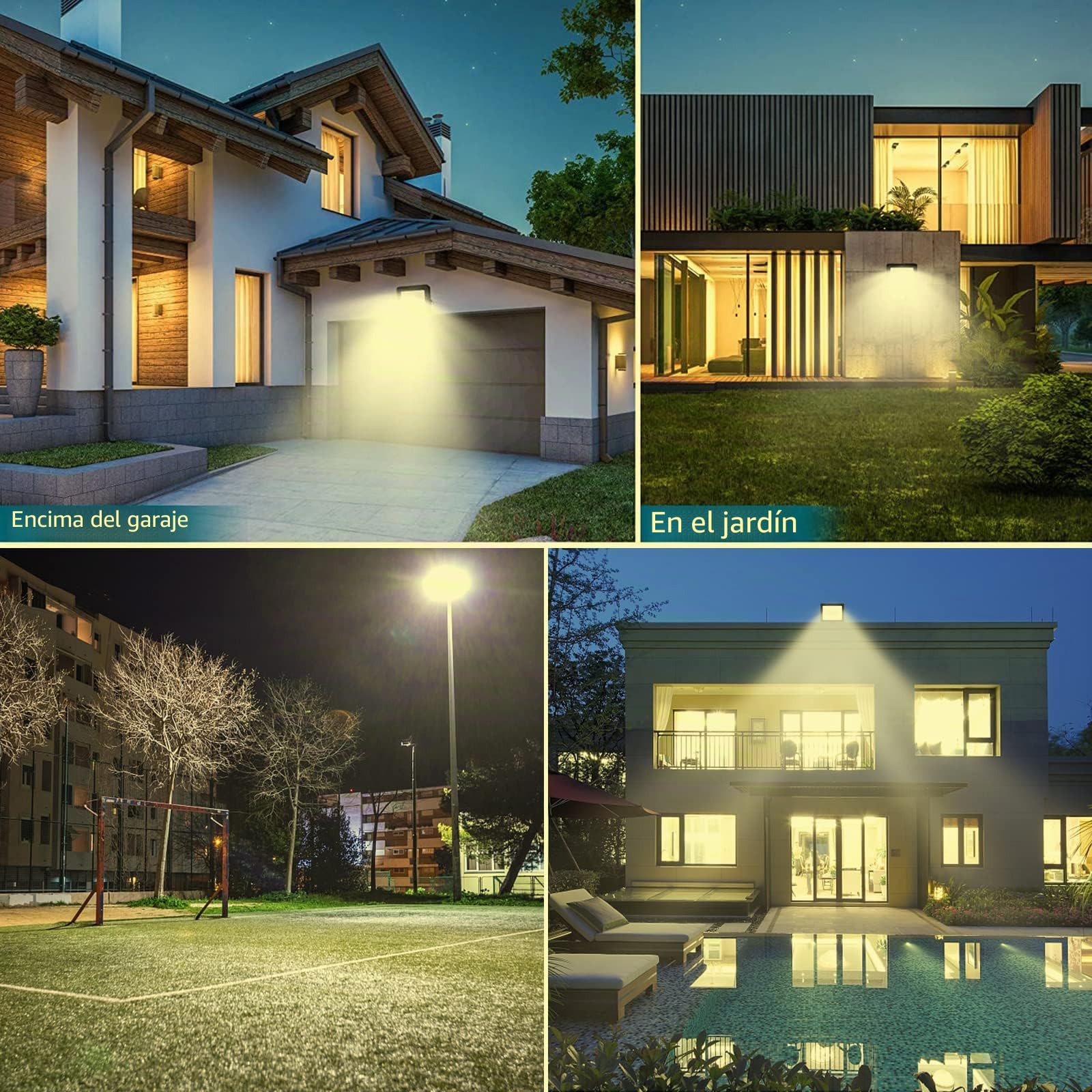 RIGIDON 2x 100W 10000lm focos led exterior con sensor movimiento PIR, 3000K | sin enchufe, blanco cálido, foco proyector, IP66 impermeable, seguridad, floodlight, para patio jardín garaje caminos entrada