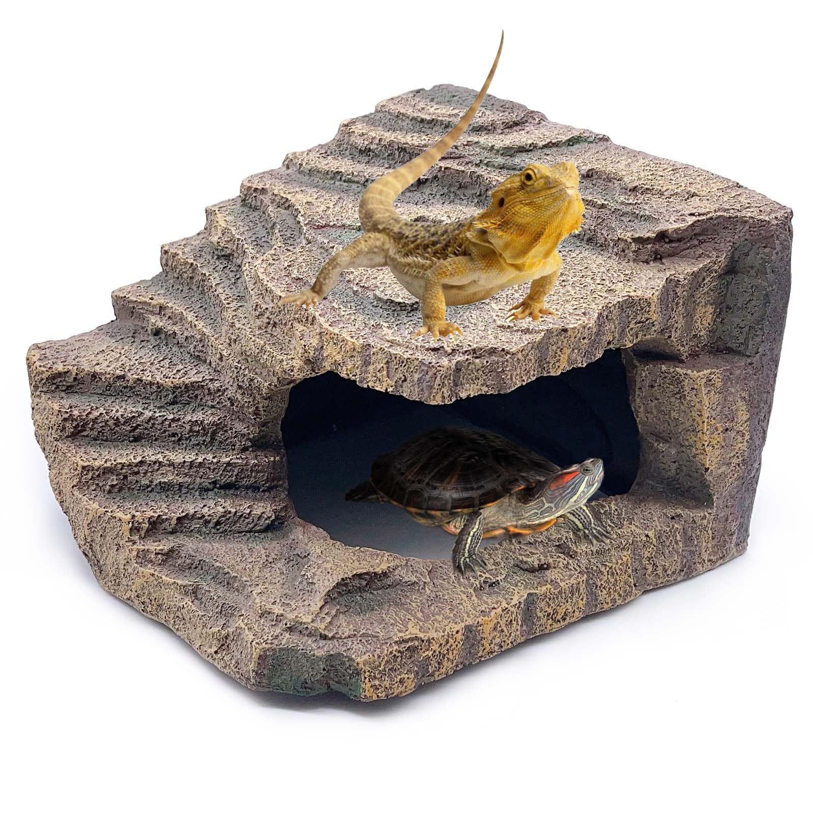 kathson Large Turtles Basking Platform,Resin Reptile Hideouts Cave Habitat Decor,Tortoise Hide Cave with Climbing Ramp Step,Bearded Dragons Hide Basking Rocks Accessories for Lizard,Gecko,Frog