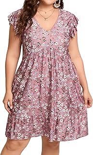 Womens Plus Size Casual V Neck Dress Loose Swing Ruffle Summer Boho Midi Dress with Pockets - Buy now