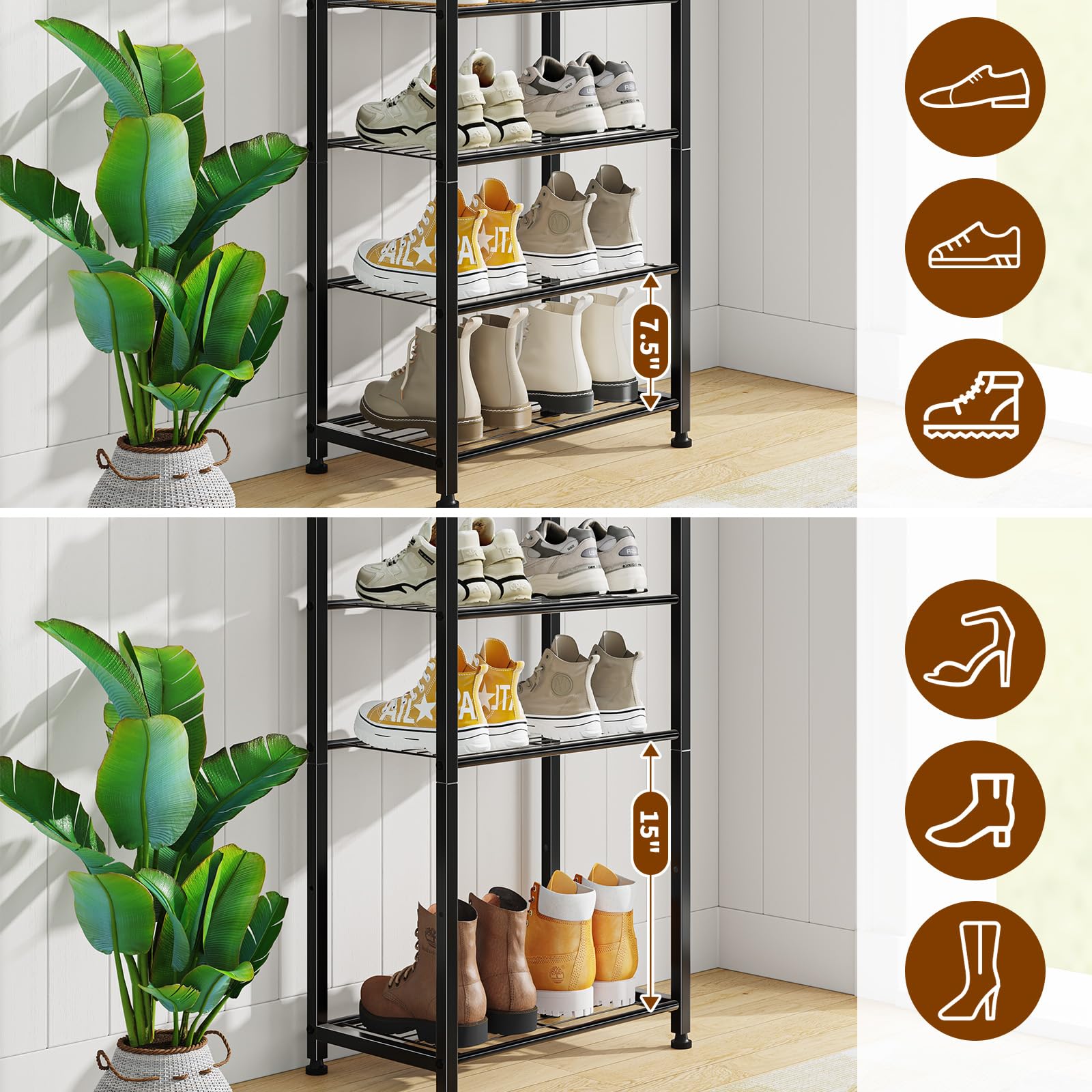Simple Trending Schuhregal mit 8 Ebenen, 16 Paar, hoch, aus Holz, Schwarz