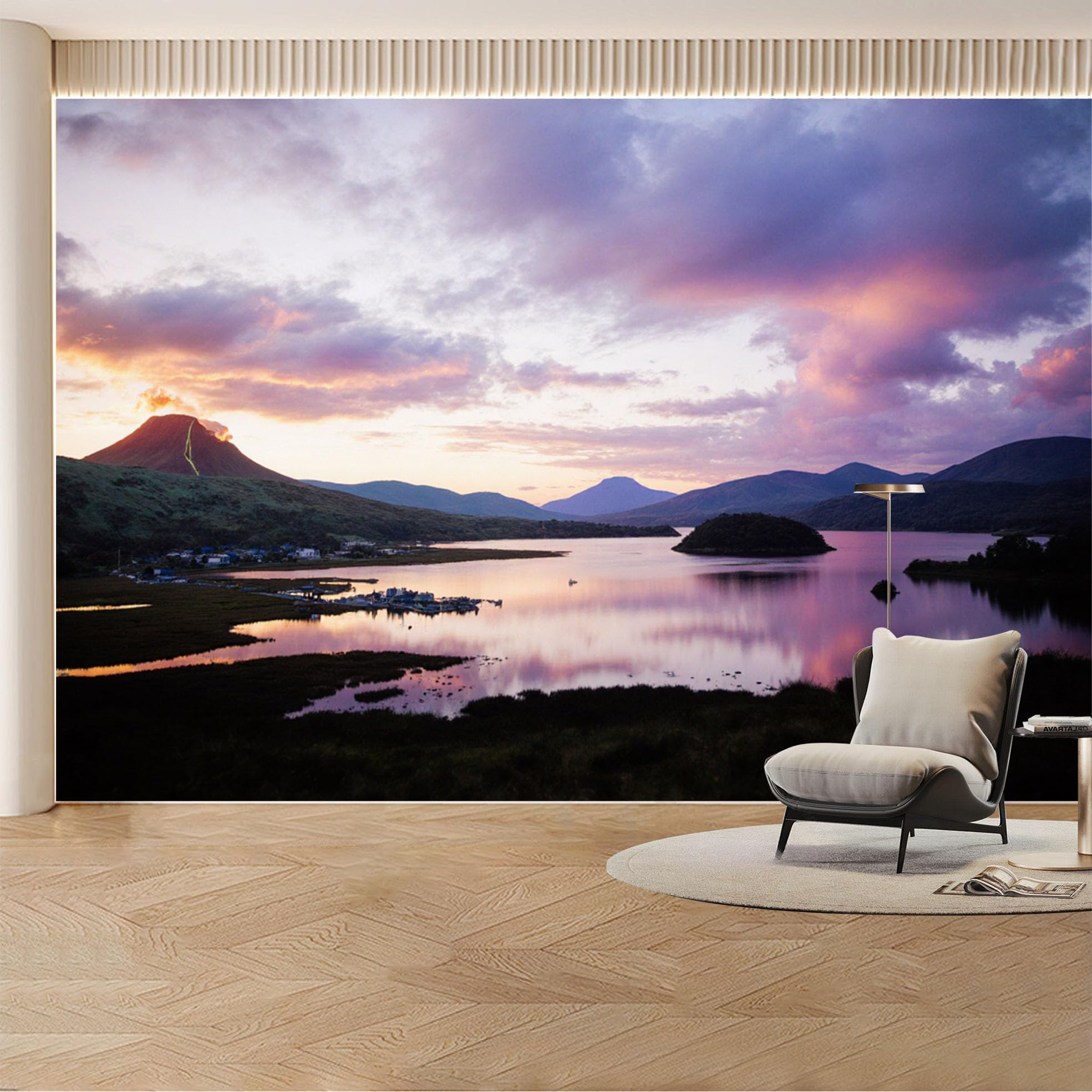 Custom Wall Mural Wallpaper Mountain Lake Landscape， 3D Effect Wall Decor Large Wall Art， Sunset Misty Nature for Living Room， Bedroom， Office