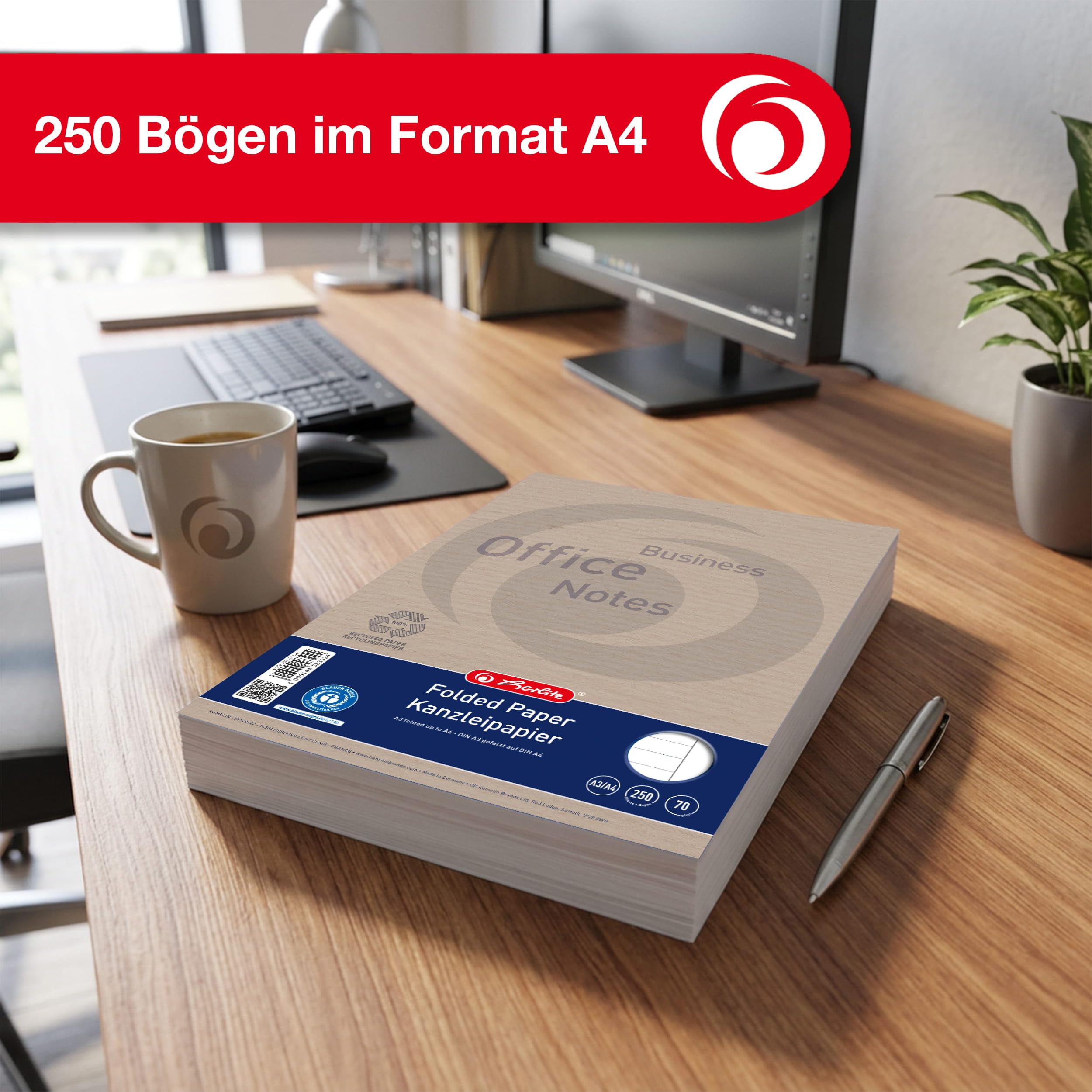 Landré Kanzlei-Papier Recycling A3 auf A4 gefalzt, liniert, 70 g/m², 250 Kanzleibogen
