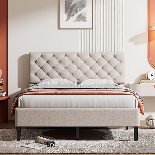 Miniatura 3 de Cama con plataforma tapizada en lino de tamaño matrimonial con cabecero capitonado con botones, para niños, niñas, adolescentes y adultos dormitorio