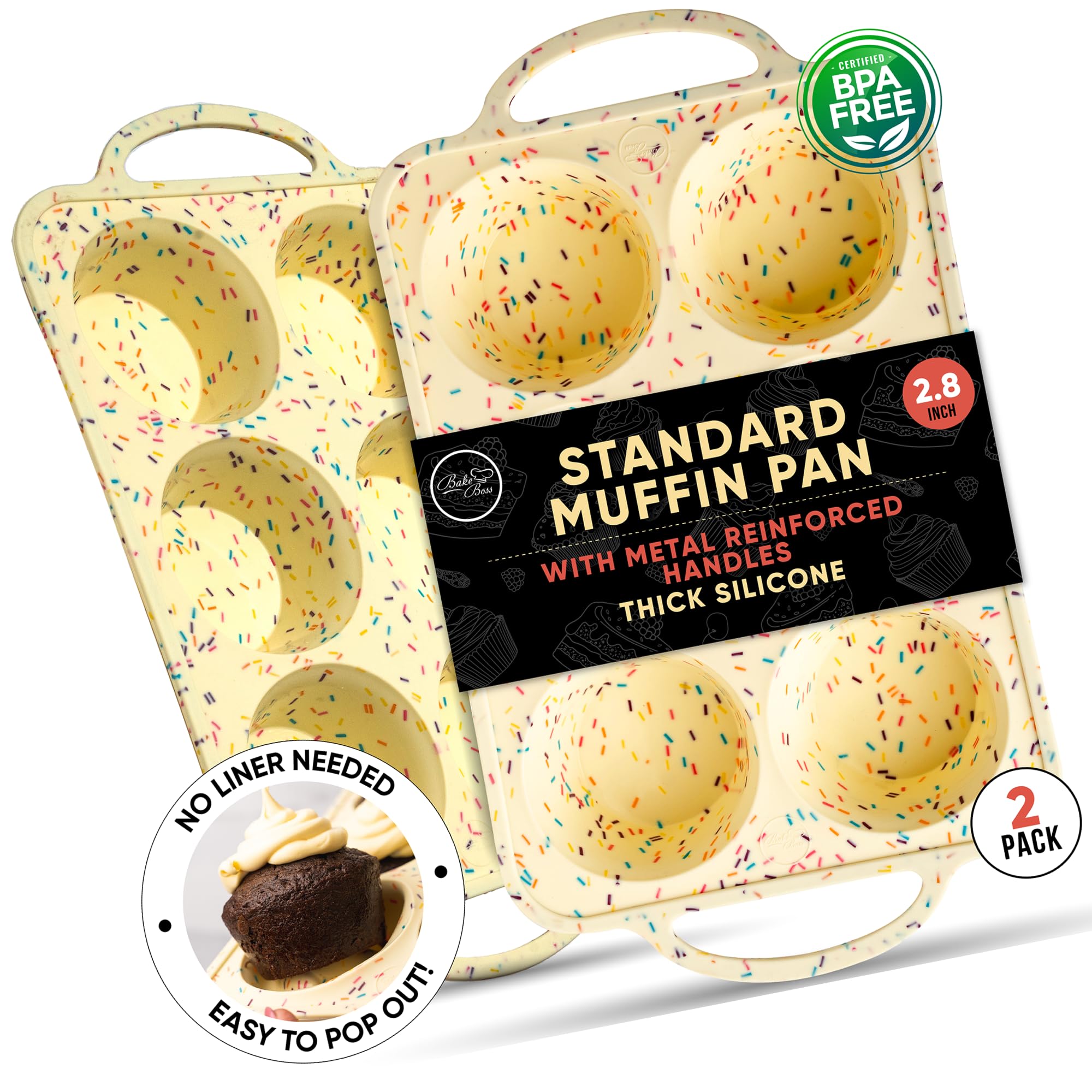2 Pack Confetti Regular Size 6 Cup Silicone Muffin Pans for Baking, Non-Stick Silicone Cupcake Pans for Baking,Easy-Release, Metal Handles, Dishwasher Safe & BPA Free - Confetti Color