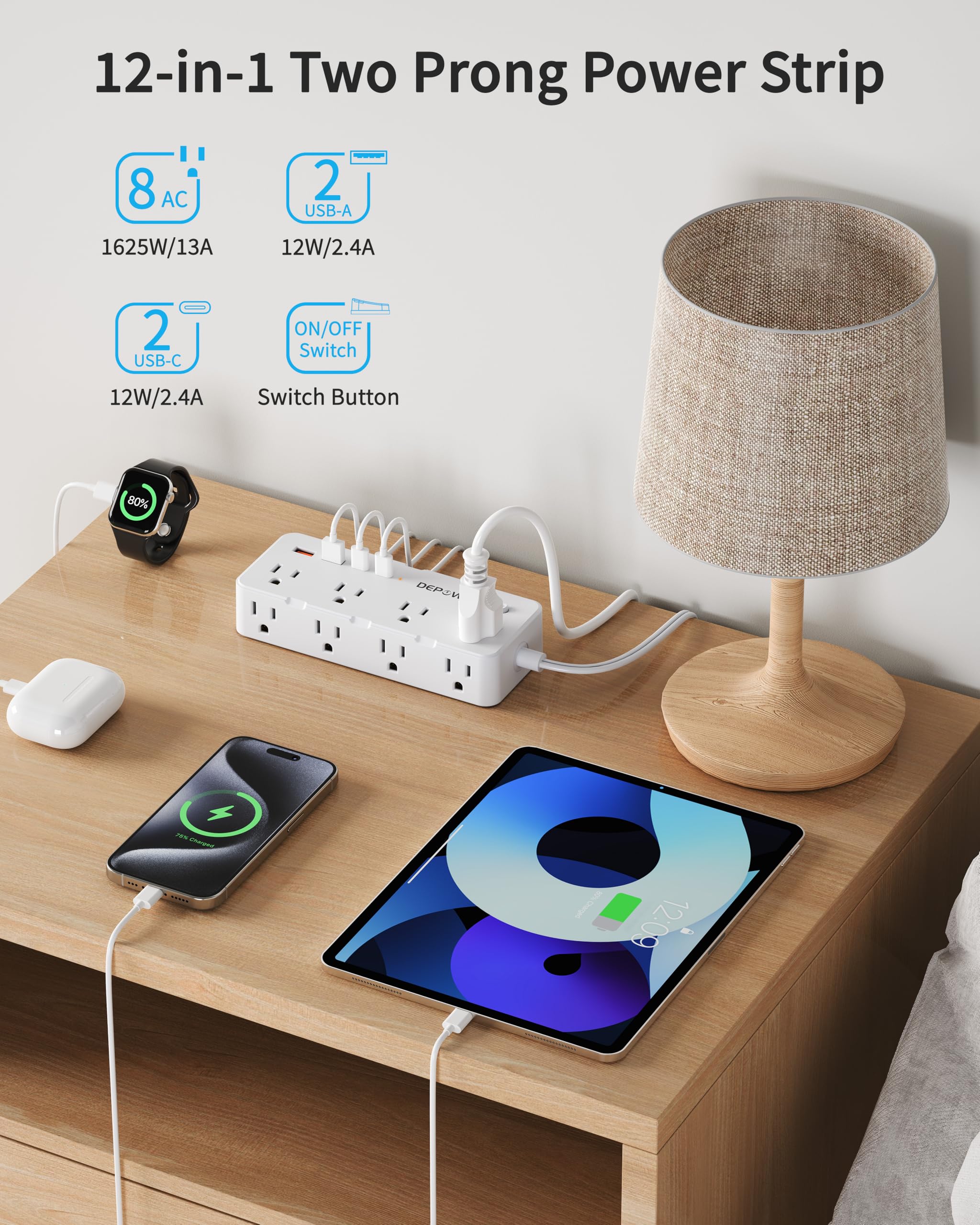 DEPOW - Tira de alimentación de 2 clavijas, cable de extensión de 10 pies, adaptador de salida de 2 a 3 clavijas con 8 puertos CA y 4 puertos USB (2 USB C), protector de sobretensión de dos clavijas