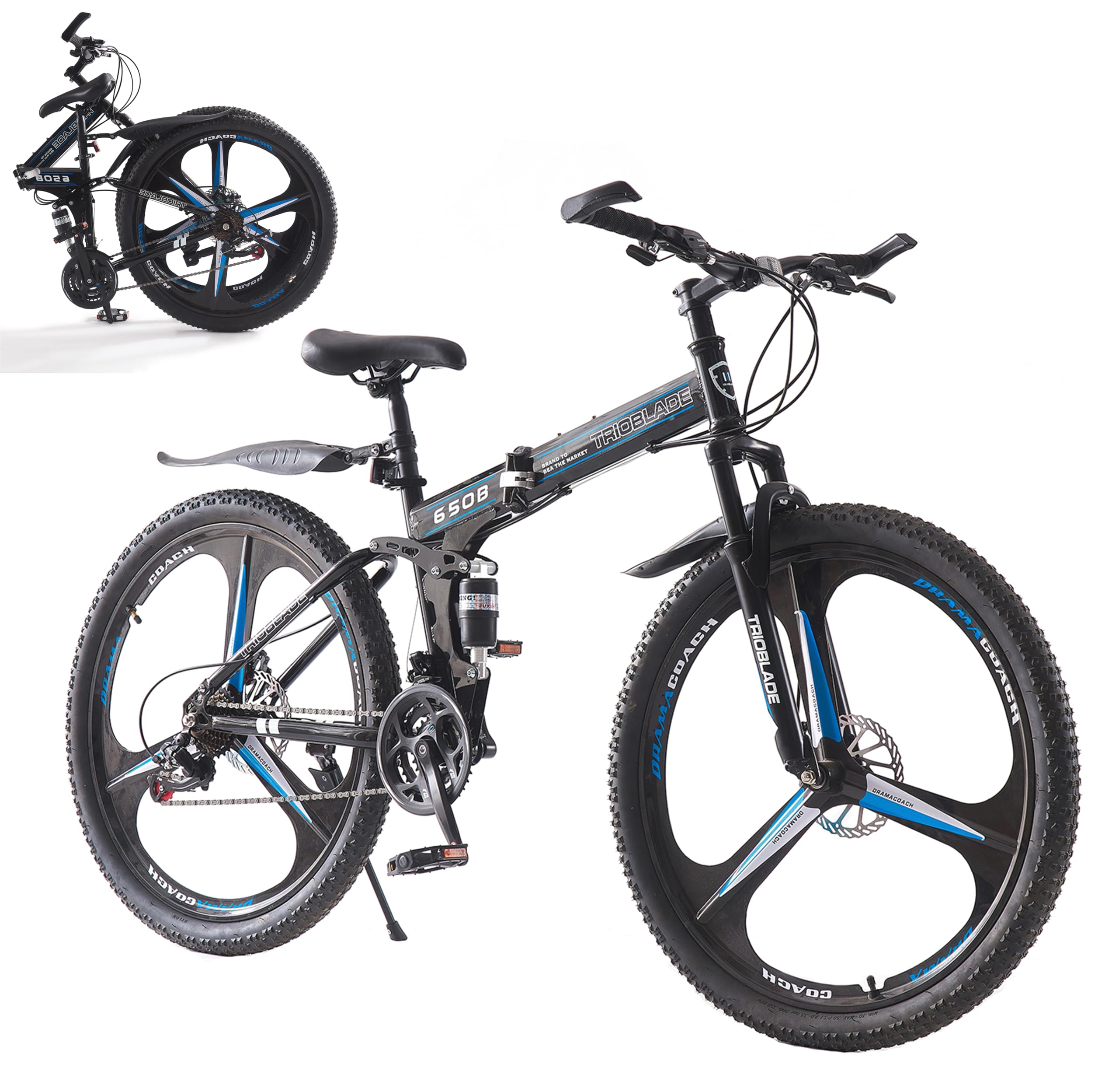 LSLIFE Folding Mountain Bike, 26 27.5 Inch Folding Bike for Adult 21-Speed Folding Bicycle for Men Women Shimano Drivetrain Dual Disc Brakes 3 Spoke Wheels Bike with Shock Absorber