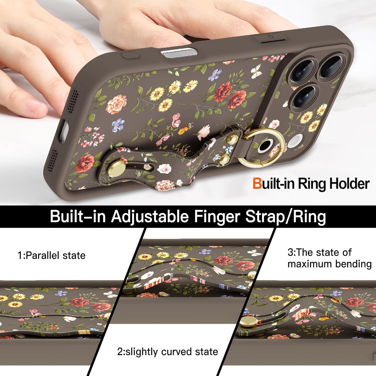 Compatible with iPhone 17 Pro Case with Wrist Strap, Cute Floral Flower Pattern [Upgraded] Soft TPU Adjustable Wristband Kickstand Shockproof Protective Cover for Girl Women, Brown