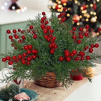 Sadoia 4 Bundle 140 Pcs Artificial Christmas Pine Branches Flowers with Red Berry Stems, 15" Faux Christmas Garland Tree Picks for DIY Christmas Tree Decor, Wreaths, Holiday Home Ornaments Decor