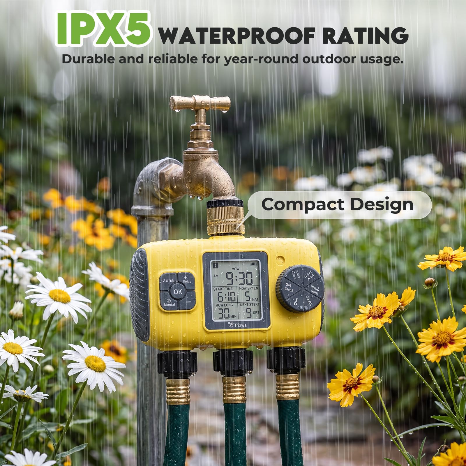 Computer per Irrigazione a 3 Uscite con Display LCD | Timer Programmabile con Controllo Indipendente, Ritardo Pioggia, Impermeabilità IP65 per Giardino, Terrazzo e Prato