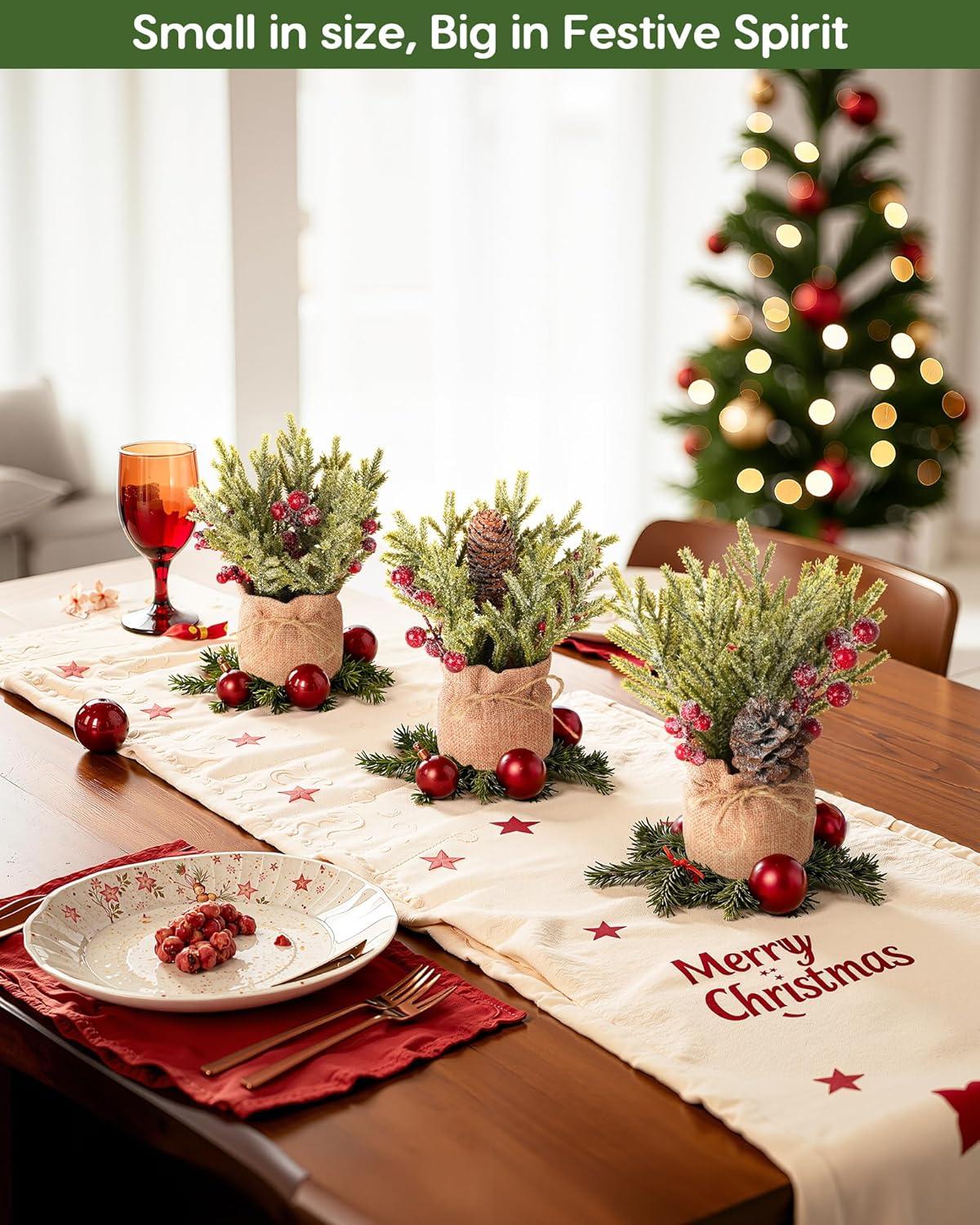 Velener Artificial Christmas Flowers for Outdoor-3 Pcs Faux Pine Branches with Red Berries & Pinecones, Fake Christmas Greenery Stems with Burlap Bag Vase, Winter Norfolk Pine Branches for Indoor