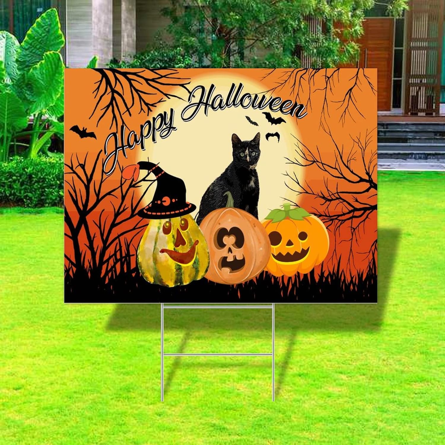 Funny Creepy Black Cat Pumpkin Yard Sign with Stakes Happy Halloween Yard Sign 2-Sided Print Fade Resistant Ink with Metal H-Stake Party Decorations Open House Birthday Decorations 18x24 Inch