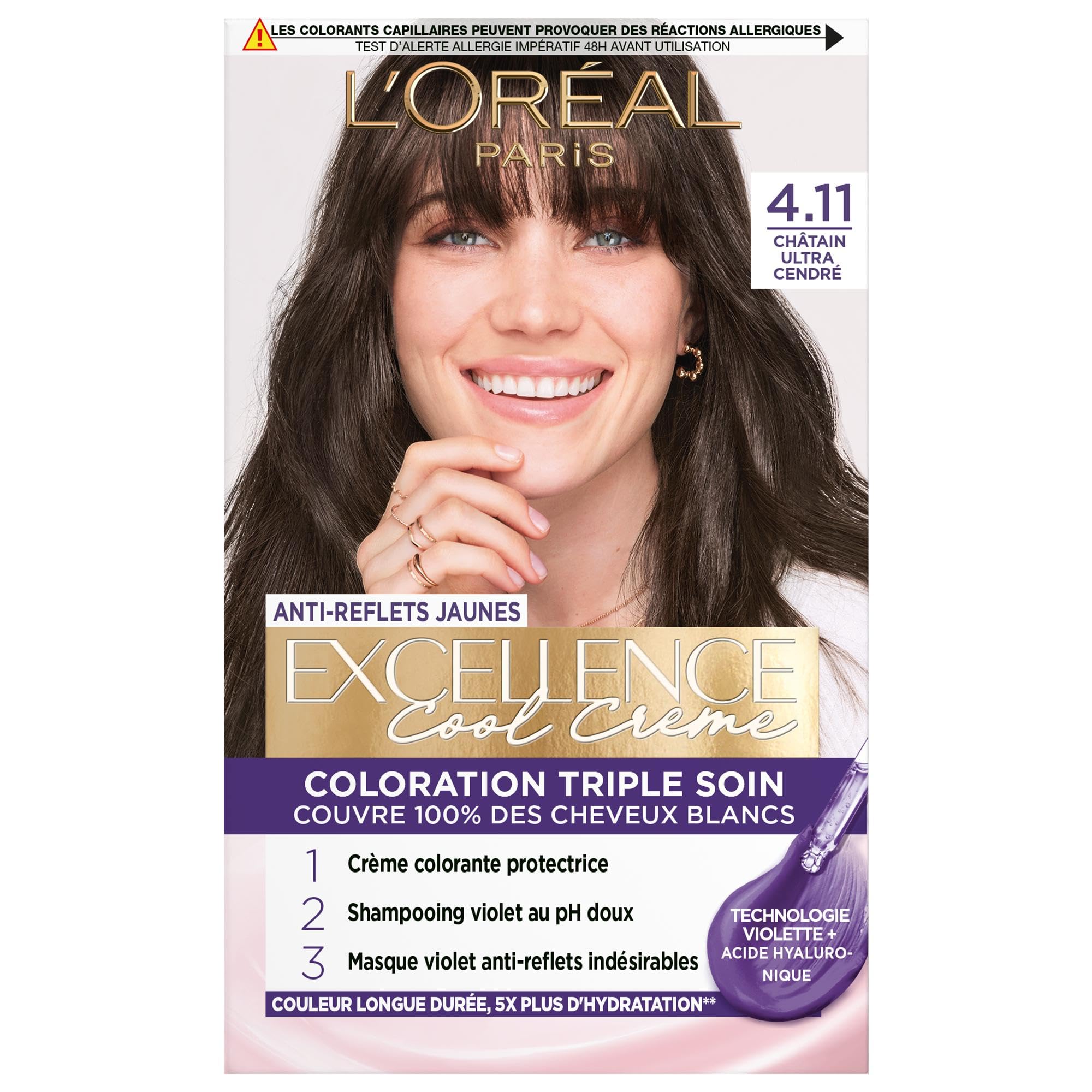 L'ORÉAL PARIS - Coloration Cheveux Permanente Triple Soin - Anti-​Reflets Jaunes - Couvre 100% des Cheveux Blancs - Excellence Cool Crème - Nuance : Châtain Ultra Cendré (4.11)