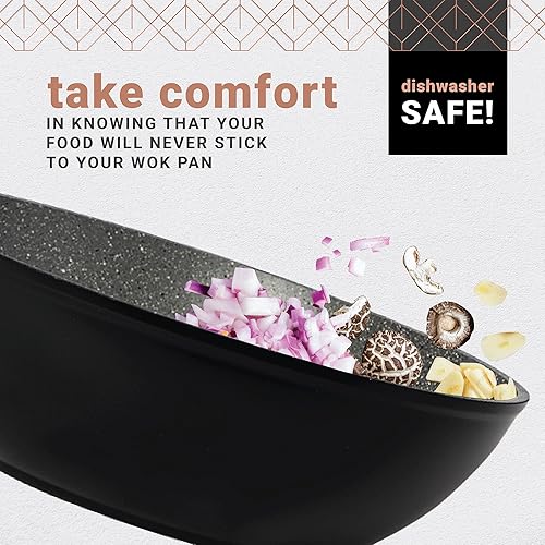 Miniatura 4 de serenk Excellence Granite Series Wok - Sartén antiadherente de 11 pulgadas con asas de acero resistentes, fácil de limpiar, ideal para estufa y