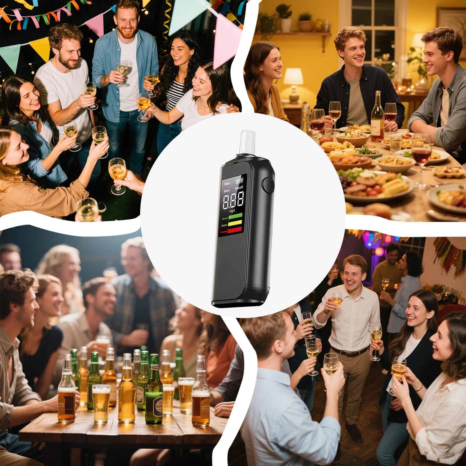 Alcoholimetro- Alcoholímetros con 6 boquillas Reutilizables, alcolimetro Profesional portátil con Pantalla Digital LCD, Test alcoholemia para Uso doméstico y Fiestas, AT02