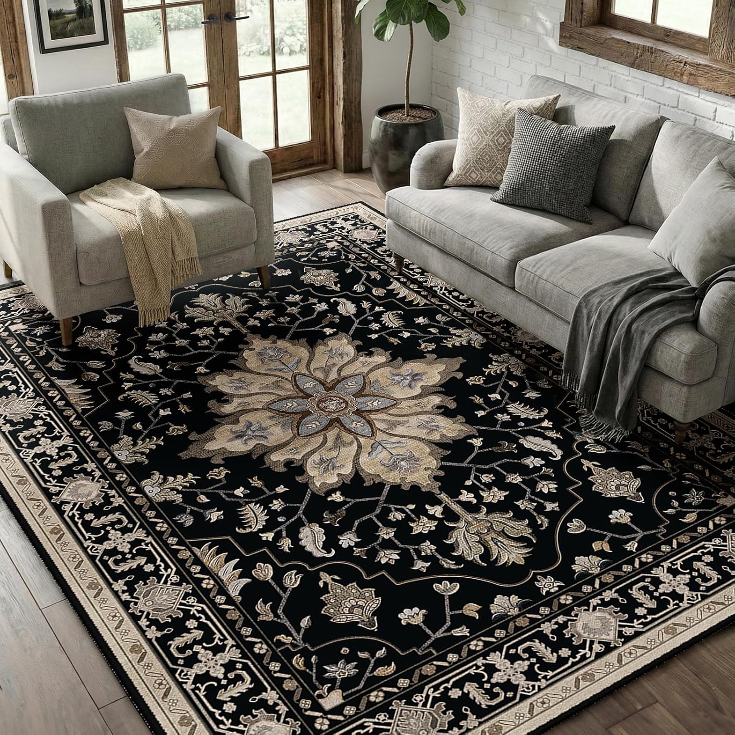 releany area rugs 5'x7' washable non-slip, floral vintage distress print pattern medallion carpet for living room bedroom dining room, black brown neutral dark tan black/neutral 5' x 7' (rectangular)