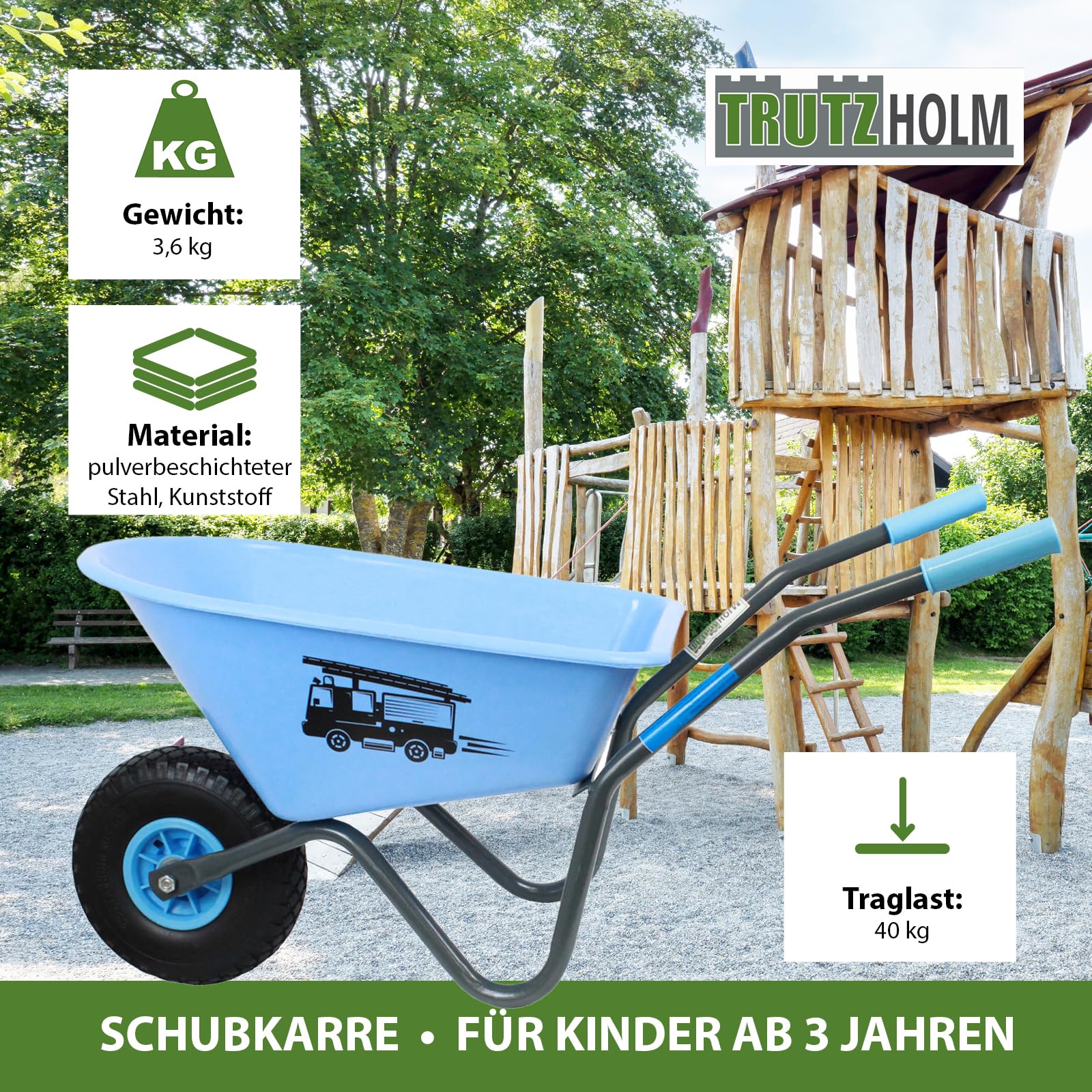 Kinderschubkarre Uni 40 kg Traglast Stahl Kunststoff grün Vollgummirad Gartenkarre