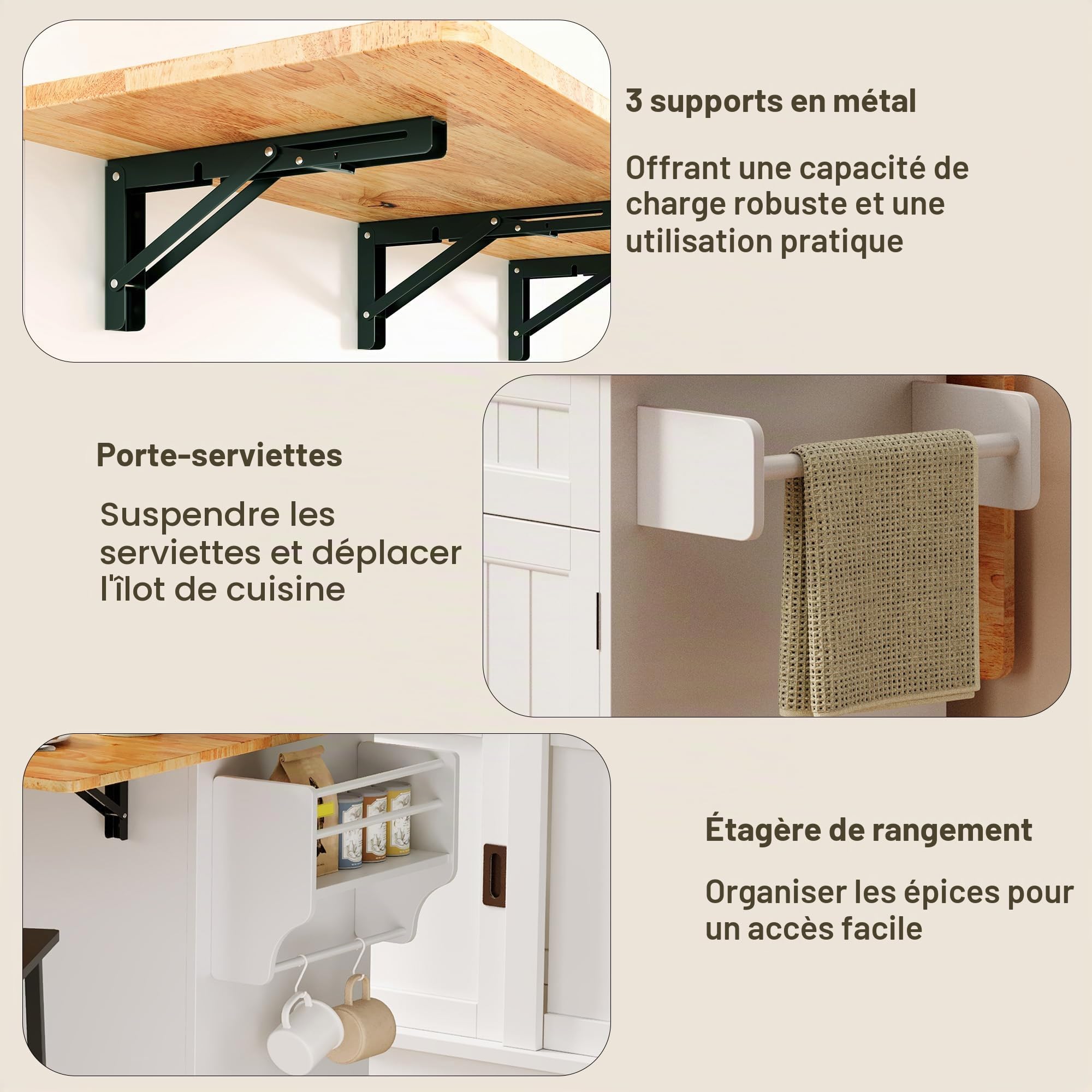 Xbro ilôt de Cuisine avec roulettes, Desserte de Cuisine avec Table Extensible, Porte-torchons, 2 Tiroirs, 3 Portes avec Rangement, 130 × 75 × 88 cm, Blanc