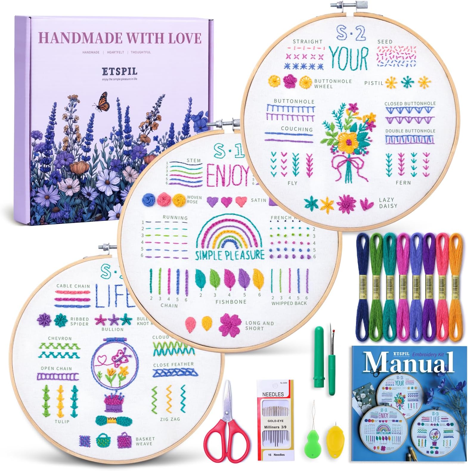 3 Sets Embroidery kit for Beginners Adults๏ผLearn 33 Different Stitches DIY Kits ๏ผIncludes Stamped Flower Pattern, Hoop, Color Threads,Tools,Easy to Follow Instruction & Videoโฆ (Simple A)