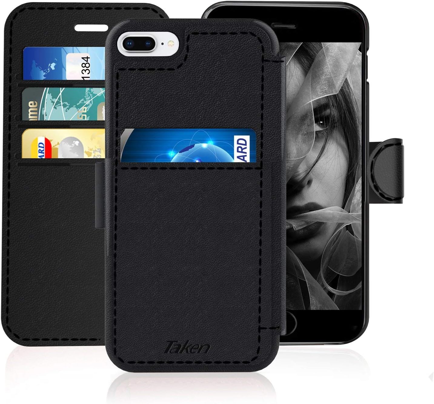 iPhone 8 Plus/iPhone 7 Plus Leather Wallet Case with Metal Magnetic, Slim Fit and Heavy Duty, TAKEN Direct Plastic Flip Case/Cover with Rubber Edge, for Women, Men, Boys, Girls, 5.5 Inch (Black)
