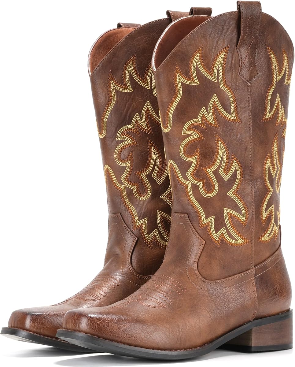 Amazon.com | IUV Cowboy Boots For Women Square Toe Cowgirl Boots Mid Calf Western Boots Pull On Fashion Cowboy Boots | Mid-Calf