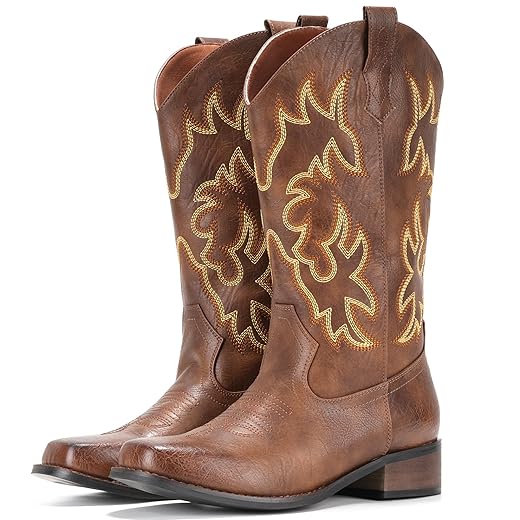 IUV Cowboy Boots For Women Square Toe Cowgirl Boots Mid Calf Western Boots Pull On Fashion Cowboy Boots