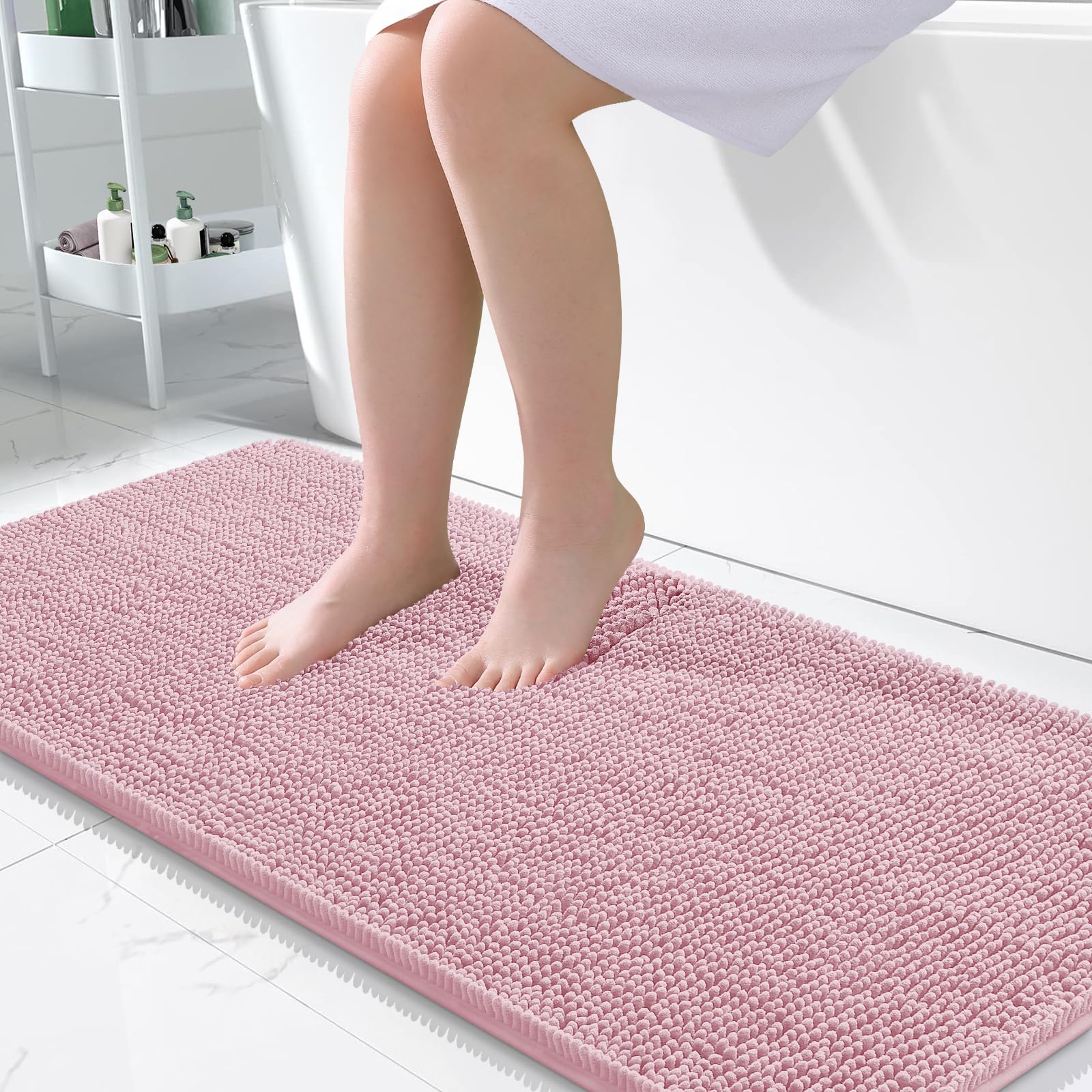 OLANLY Bathroom Runner Rugs 47x24, Extra Soft Absorbent Chenille Bath Rugs | Dusty Rose, Quick-Drying Rubber Backing, Washable Long Bath Mat for Bathroom Floor, Tub and Shower, Home Decor Accessories