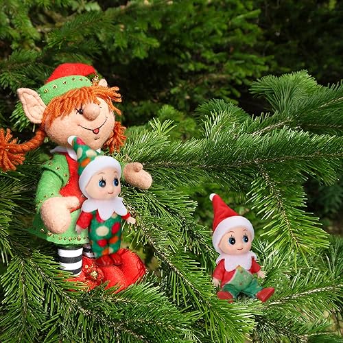 Miniatura 7 de Aoriher 6 piezas de muñecas de Navidad gemelas en pantalones con babero y body accesorios en miniatura verde y rojo para niño y niña, juguete