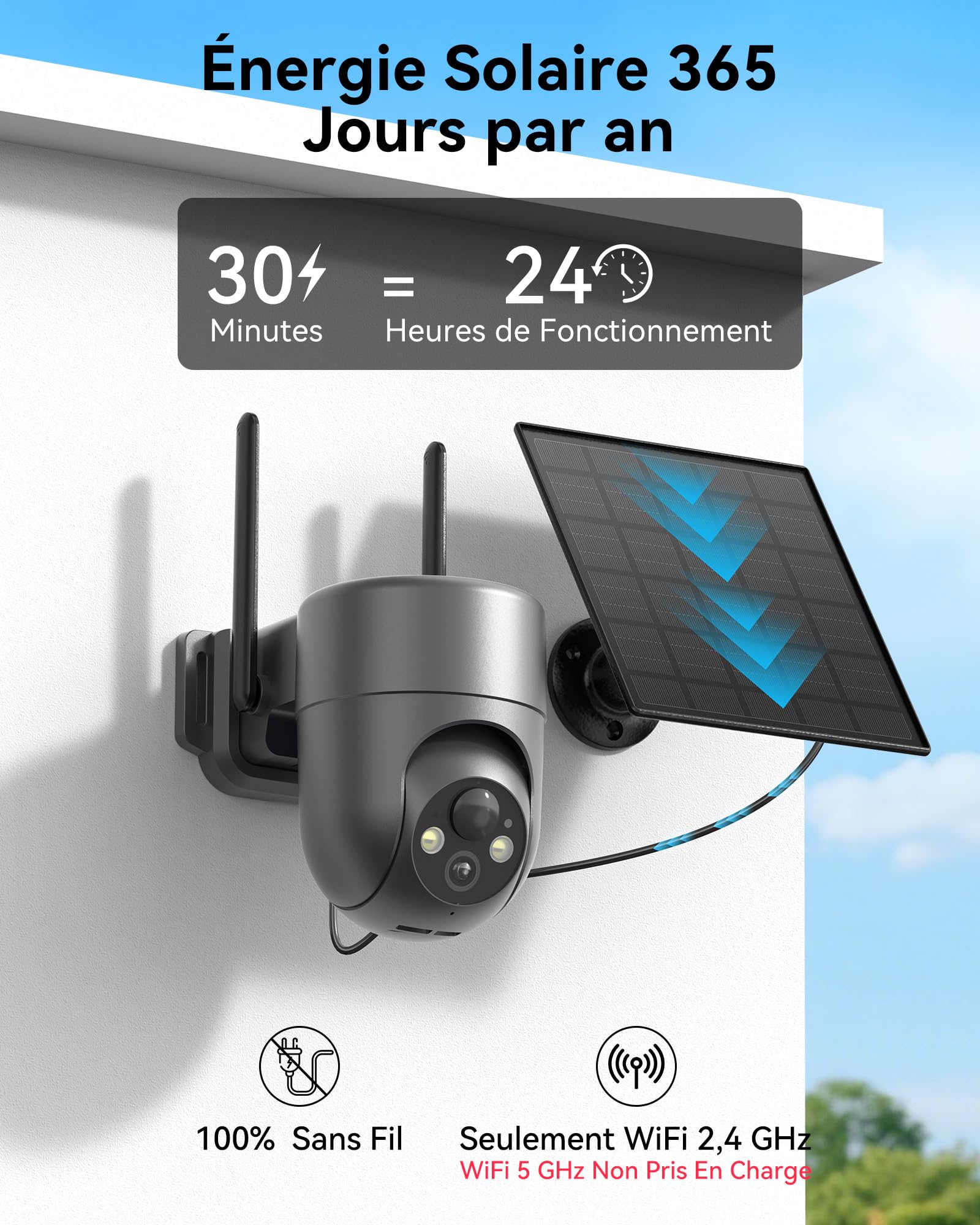 2K Caméra Surveillance WiFi Exterieure sans Fil Solaire 2 PCS | 2,4 GHz Caméra Extérieur Batterie avec Panneau Solaire 360° PTZ, Vision Nocturne Couleur, Détection PIR, Audio Bidirectionnel