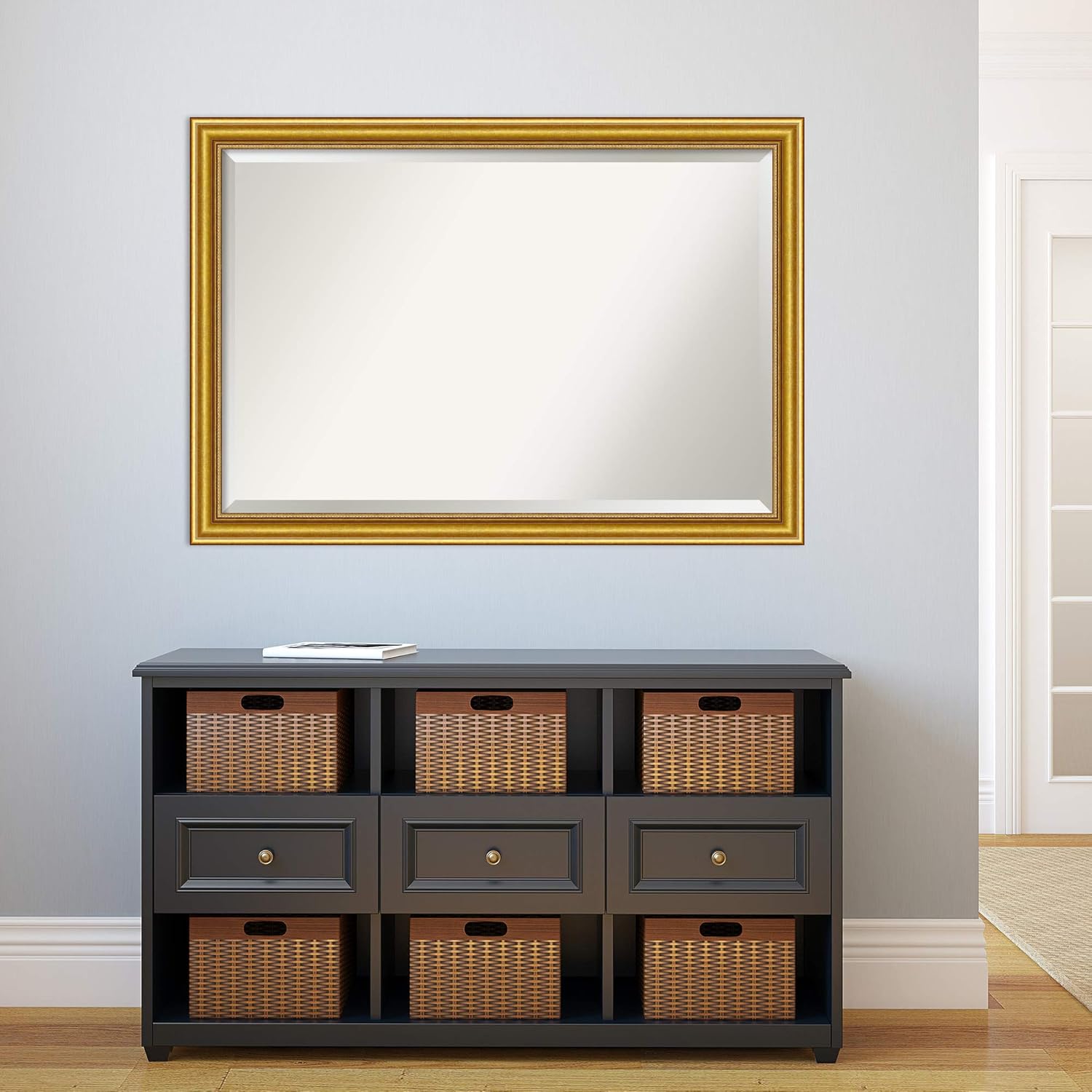 Amanti Art Gold Wall Mirror 28x40 Townhouse Gold Rectangle Bathroom Mirror for Wall Decor Living Room, Large Traditional Wood Frame, Hangs Horizonally and Vertically, Bathroom Decor, Beveled Edge