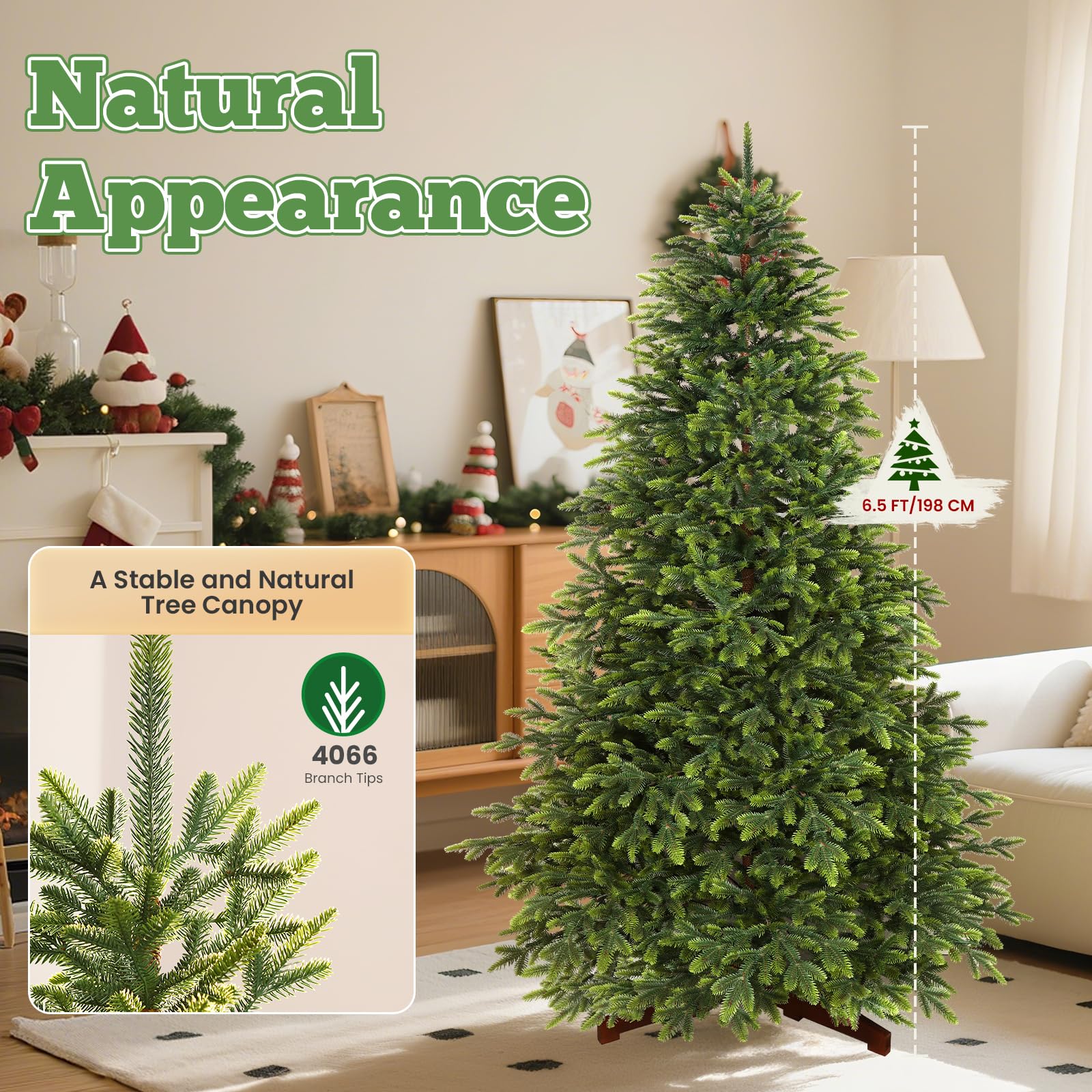 SHareconn Künstlicher Weihnachtsbaum 195cm - [100% Spritzguss],4066 Spitzen,Naturgetreu, dichte Zweige, Weihnachtsbaum künstlich mit Holzständer,schneller Aufbau, wiederverwendbar