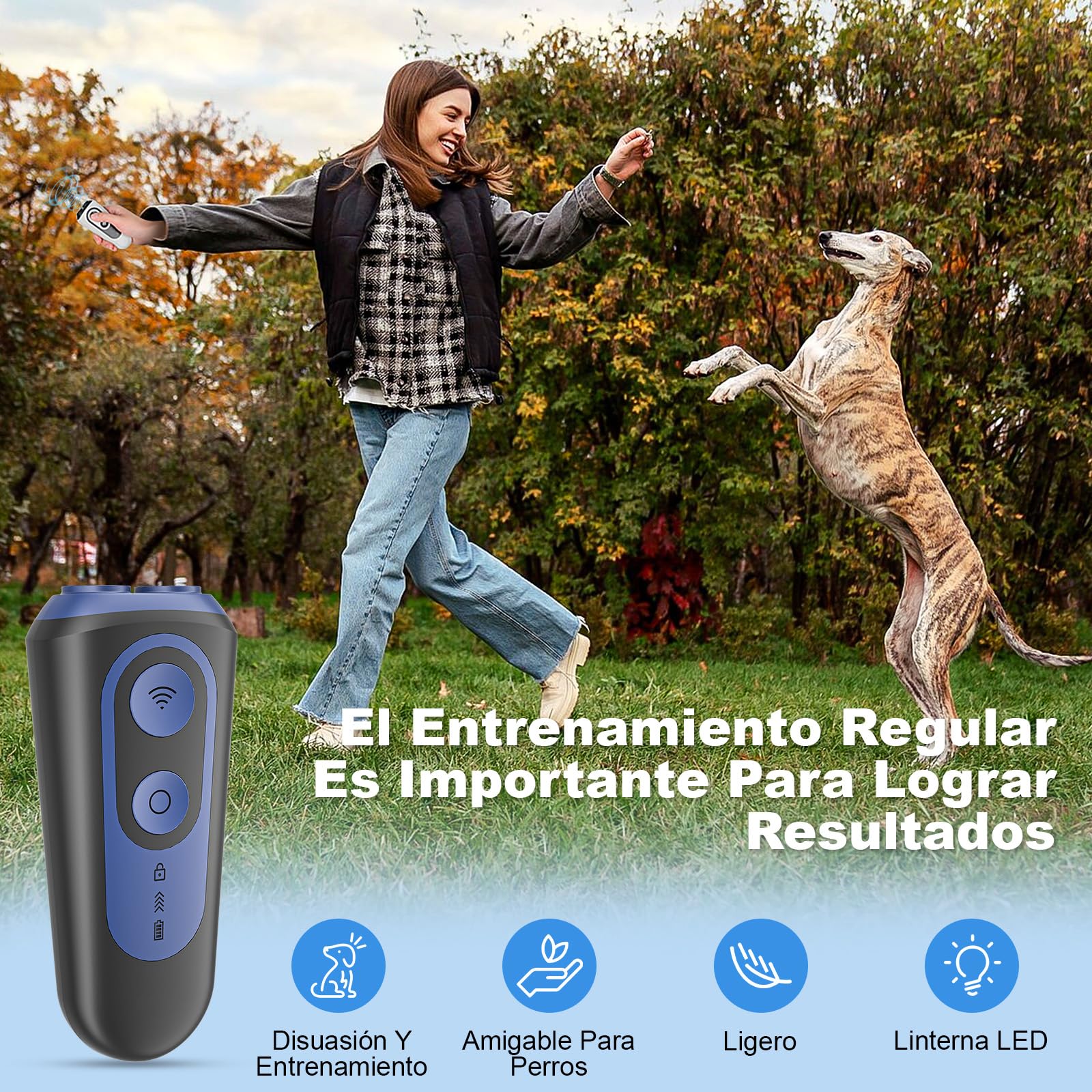 Ahuyentador de Perros, Antiladridos para Perros Ultrasónicos 3 Modos, Dispositivo Seguro y Humano para Detener Ladridos, Alcance 15M, Portátil con Linterna LED, para Perros Pequeños, Medianos y Grande
