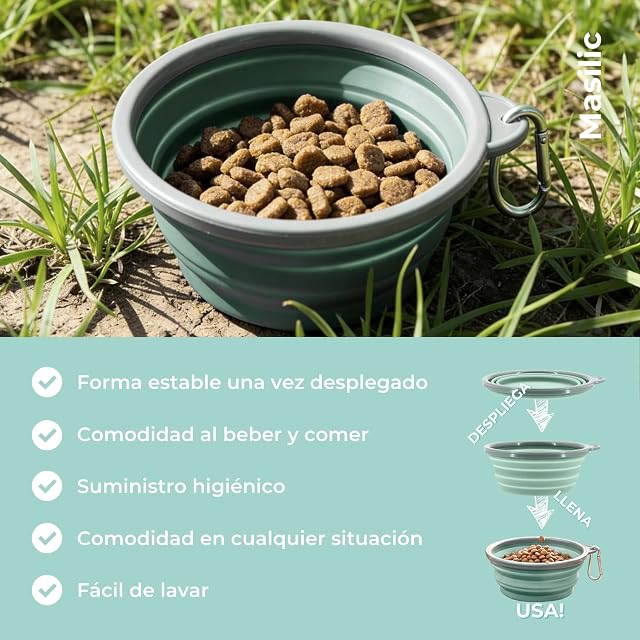 Foto 5 de 8 de Masilic Comedero Plegable De Silicona 750 Ml, Menta, Comedero De Viaje