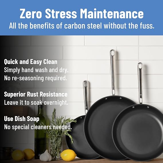 Misen Carbon NonstickTM Skillet - Nitrided Carbon Steel - Professional Alternative to Teflon - 1100F High Heat Ready - Easy Release - Induction, Oven, Grill Safe - 10 Inch