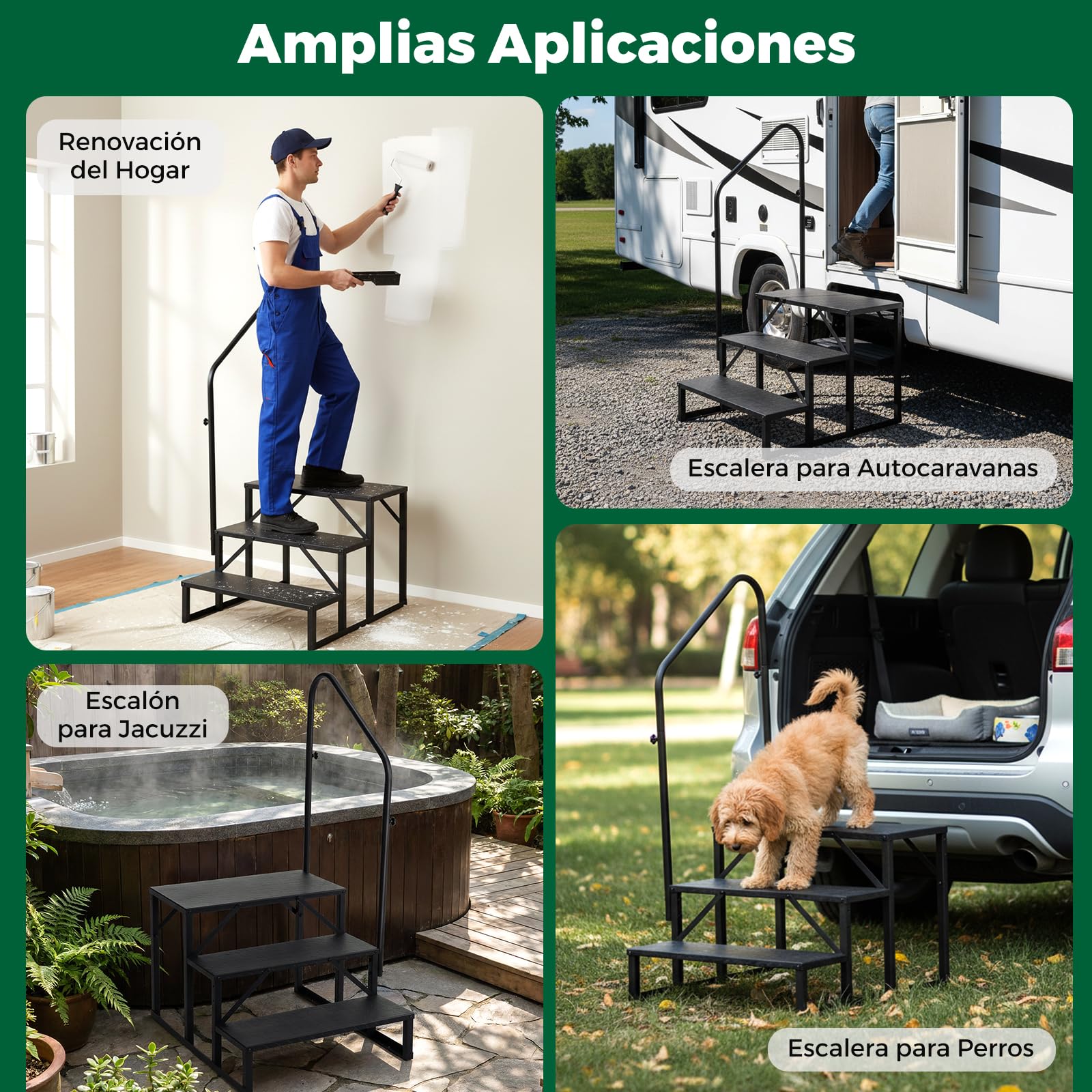 COSTWAY Escaleras de RV con Barandilla, Escalera de 3 Peldaños con Capacidad de Carga de 660 kg, Escalerilla con Panel Antideslizante, para Casa Móvil, Jacuzzi y Piscina SPA, 79 x 68 x 129 cm