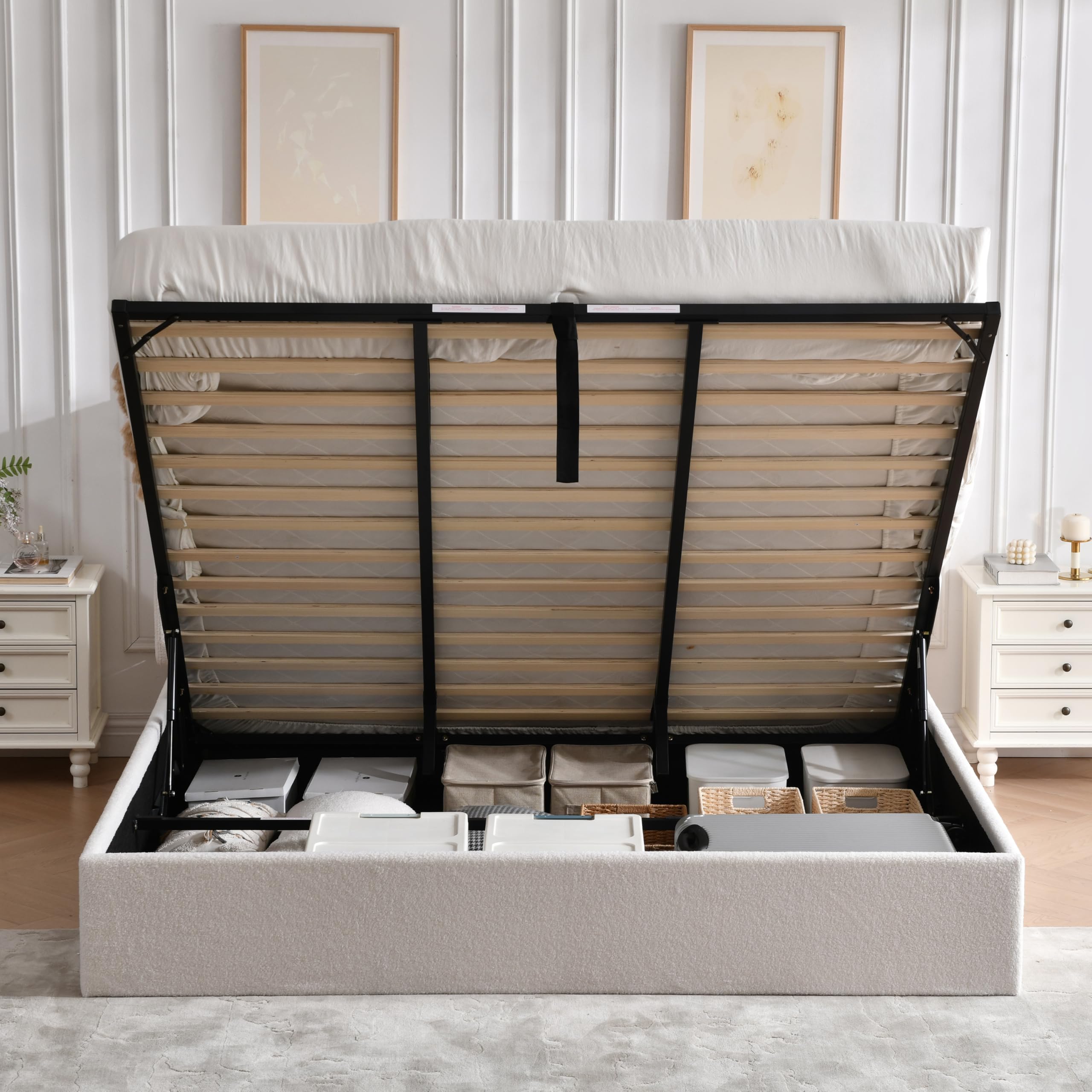 King Size Hydraulic Lift Up Storage Bed Frame with Wingback Headboard No Box Spring Needed Teddy-Fleece Upholstery Easy