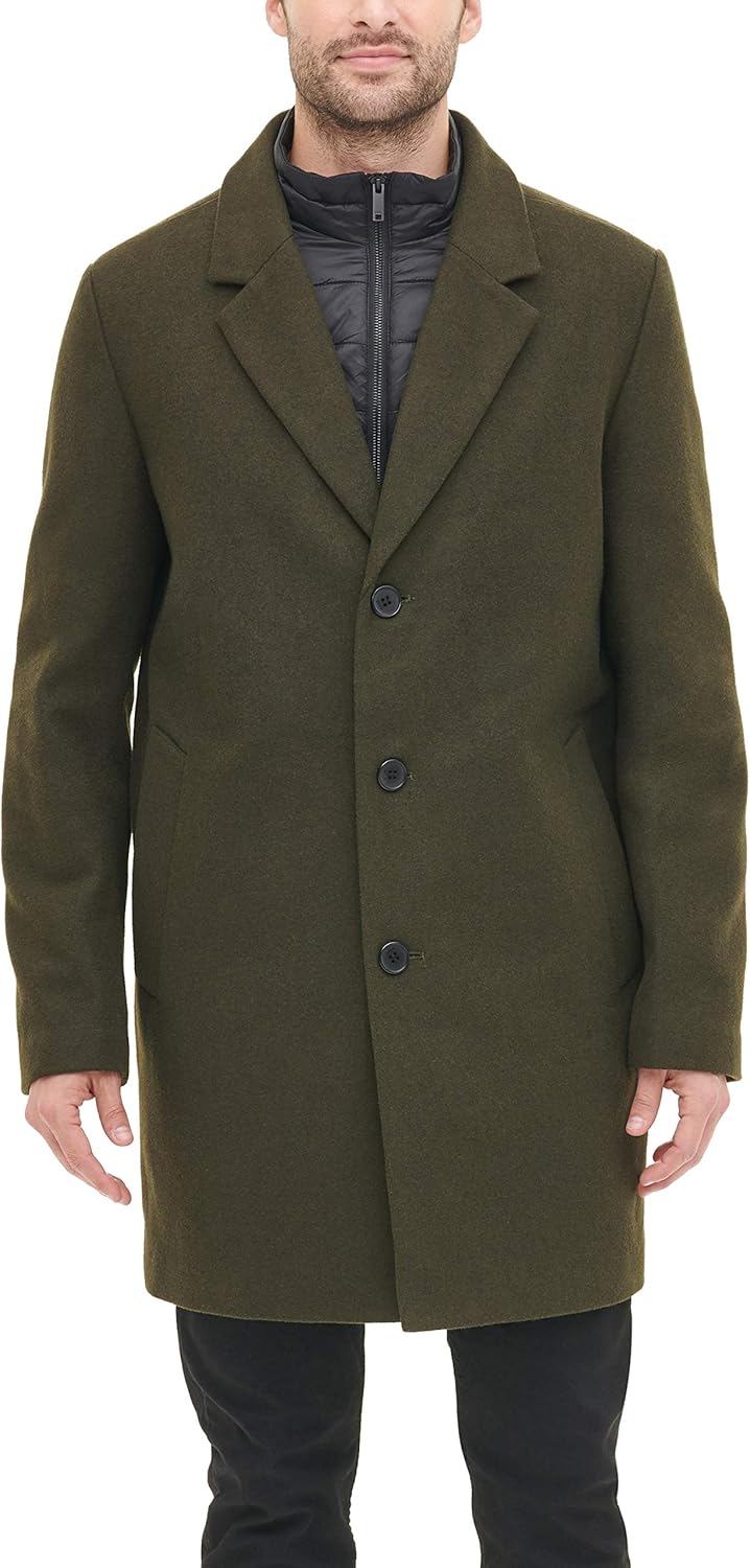 DKNY mens Wool Blend Coat With Removable Quilted Bib